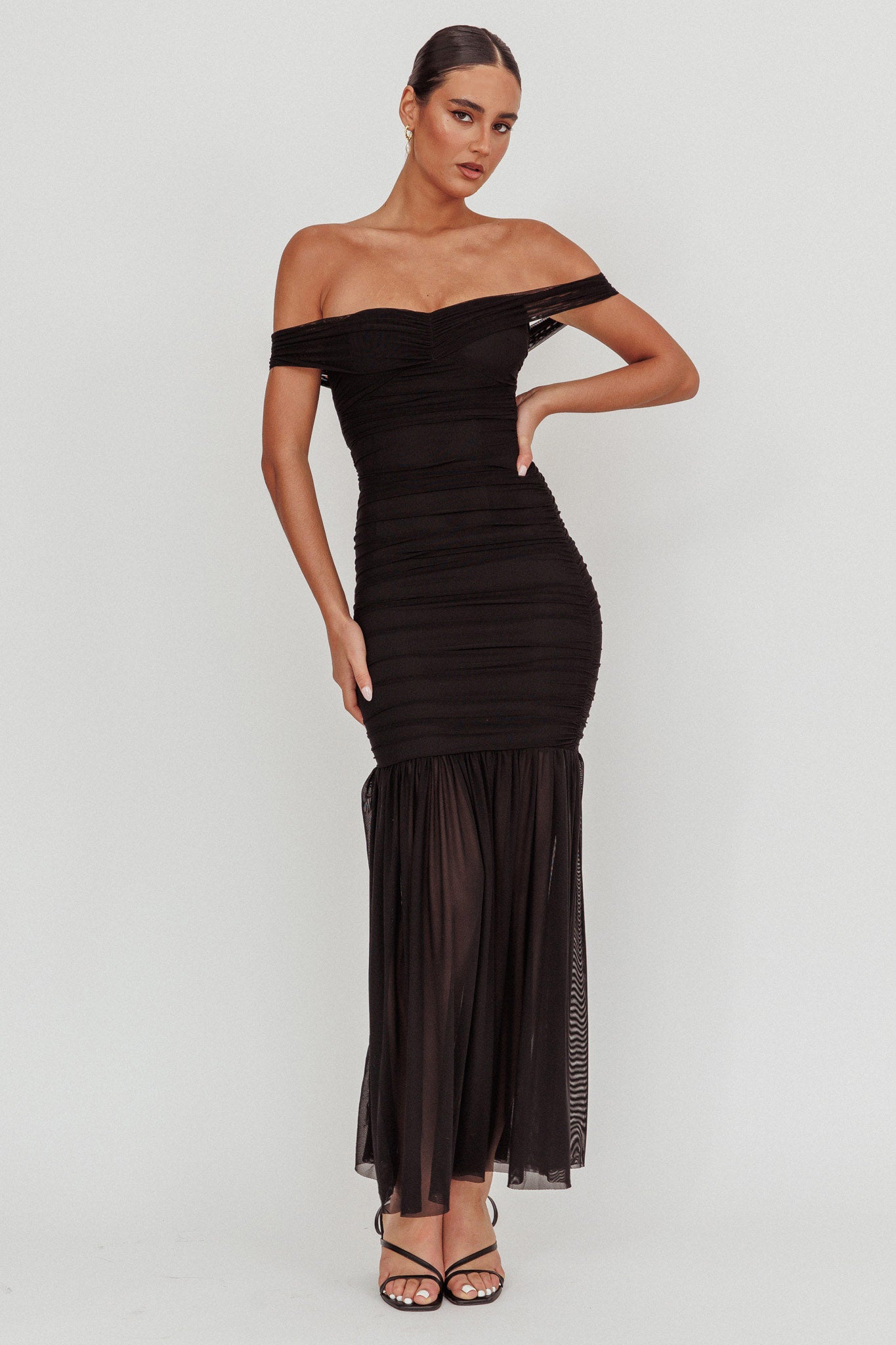 La Salle Off Shoulder Mesh Maxi Dress Black-Maymioy