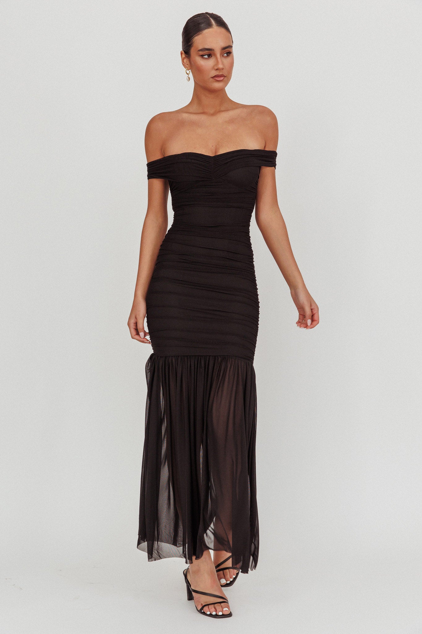 La Salle Off Shoulder Mesh Maxi Dress Black-Maymioy
