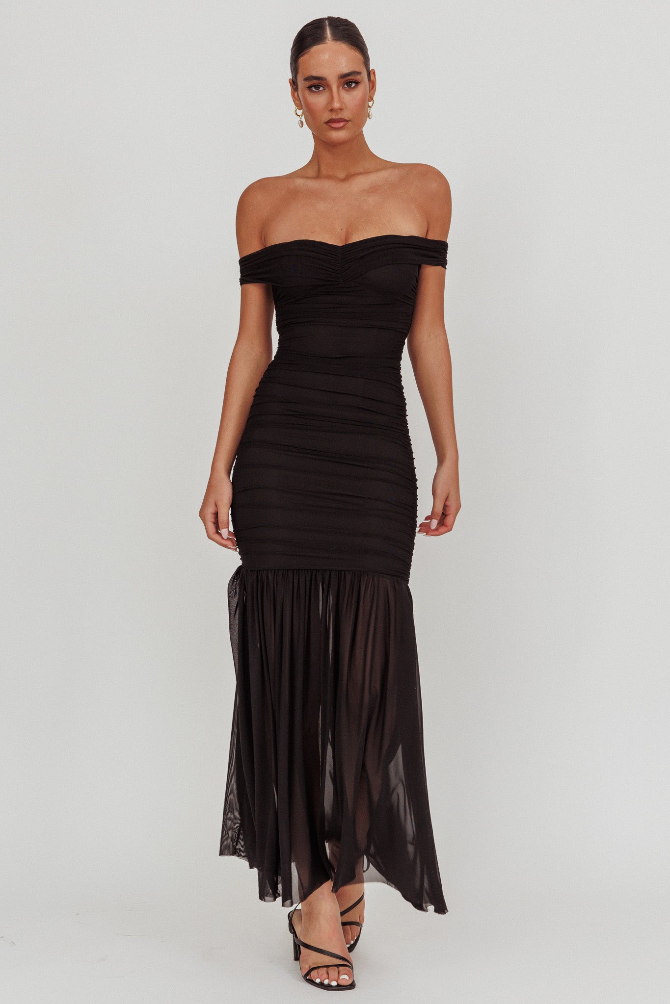 La Salle Off Shoulder Mesh Maxi Dress Black-Maymioy