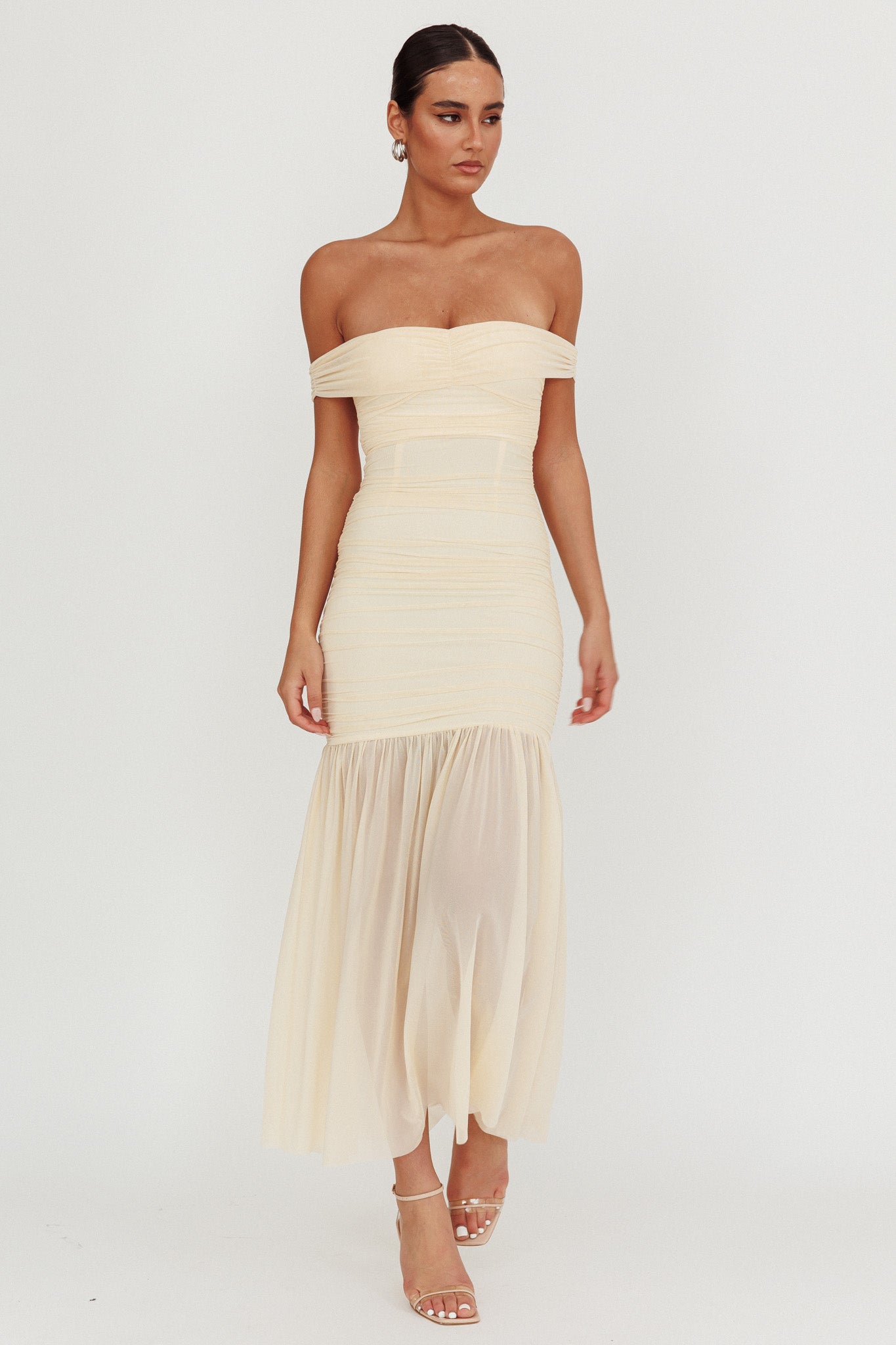 La Salle Off Shoulder Mesh Maxi Dress Ivory-Maymioy