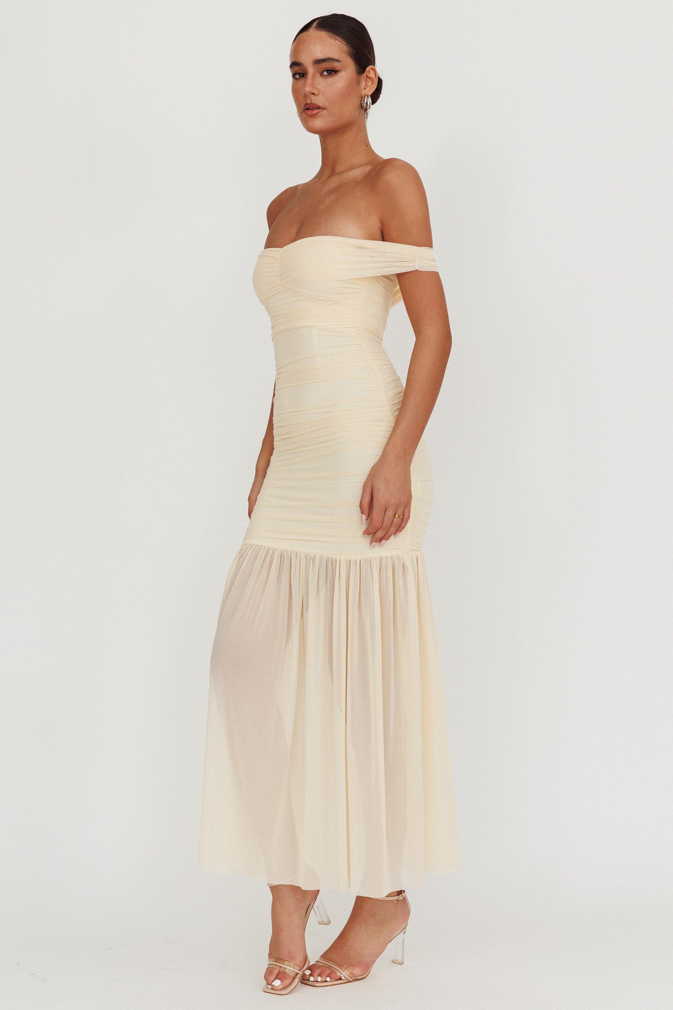 La Salle Off Shoulder Mesh Maxi Dress Ivory-Maymioy
