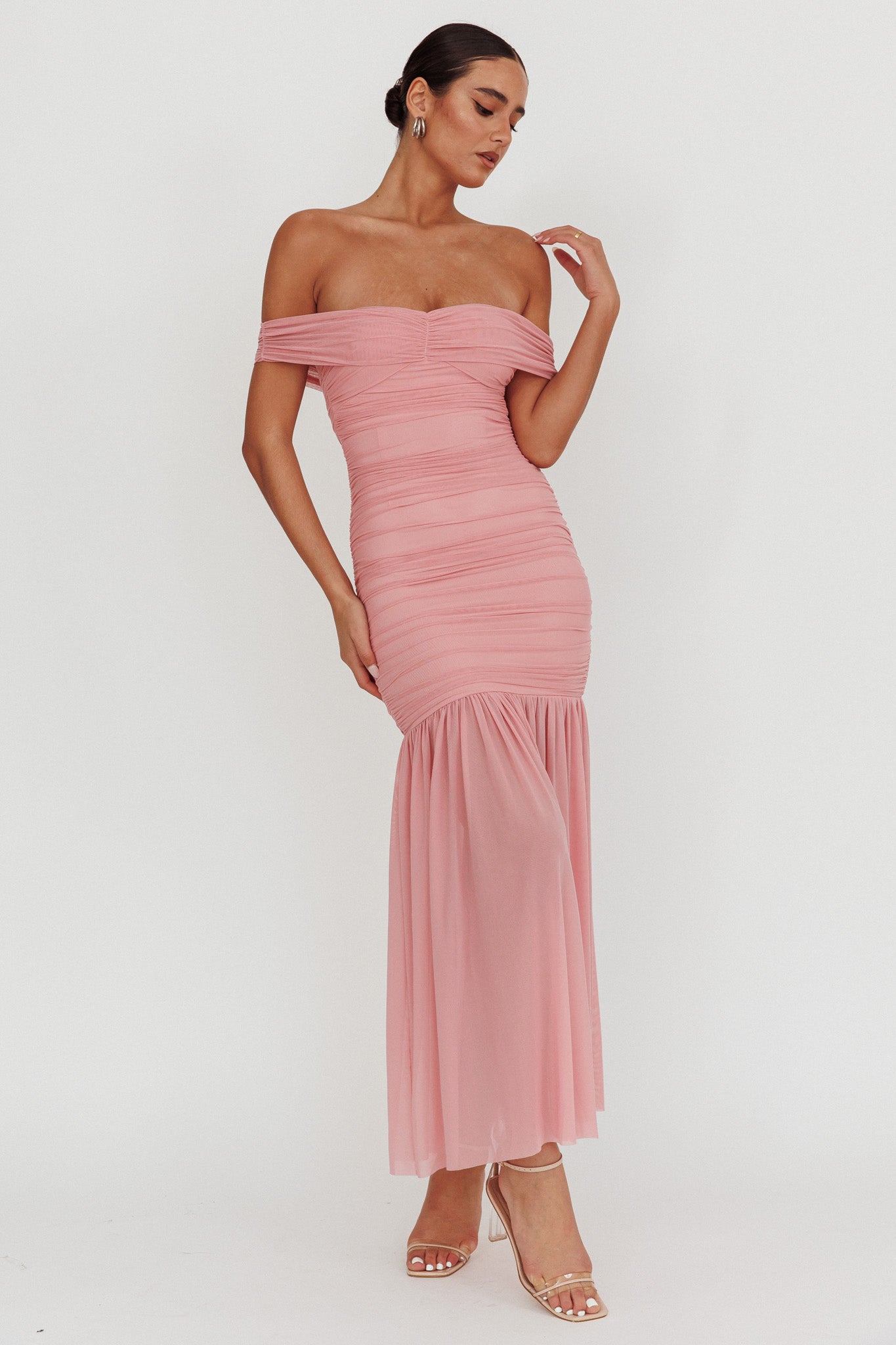 La Salle Off Shoulder Mesh Maxi Dress Pink-Maymioy