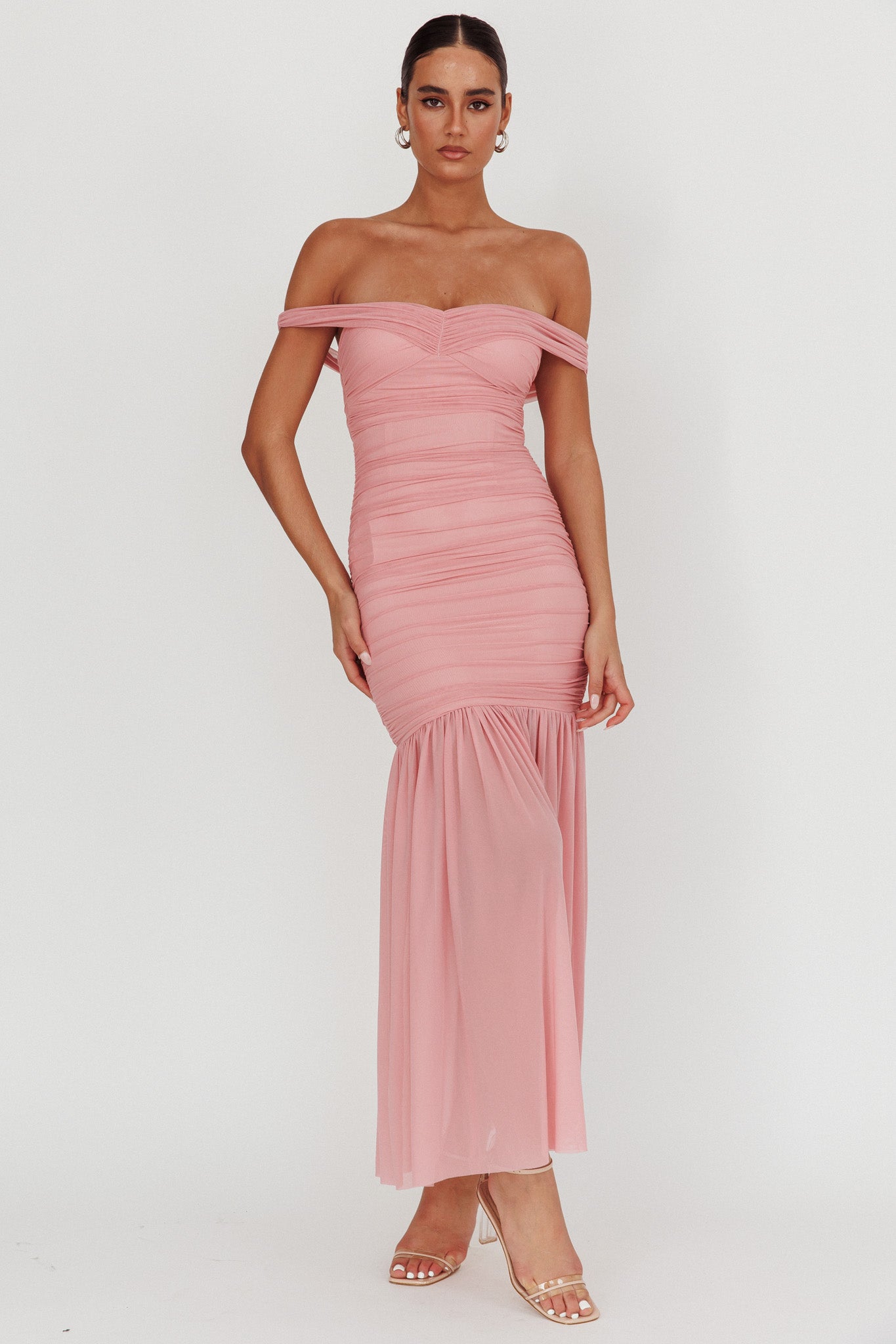 La Salle Off Shoulder Mesh Maxi Dress Pink-Maymioy