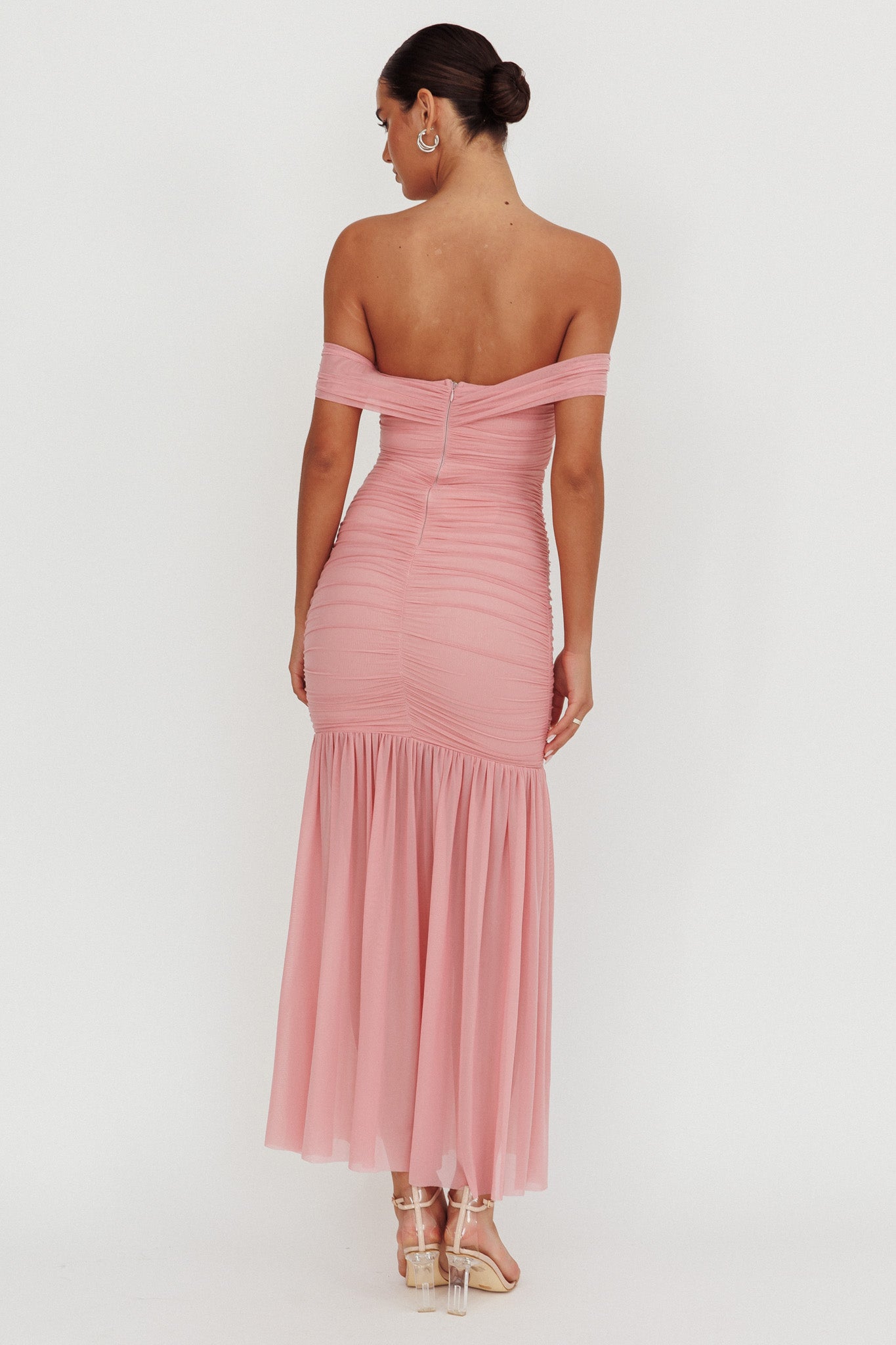 La Salle Off Shoulder Mesh Maxi Dress Pink-Maymioy