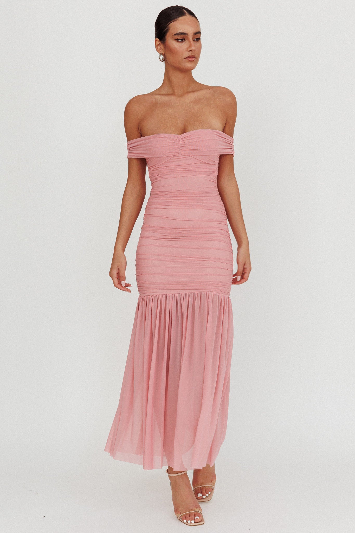 La Salle Off Shoulder Mesh Maxi Dress Pink-Maymioy