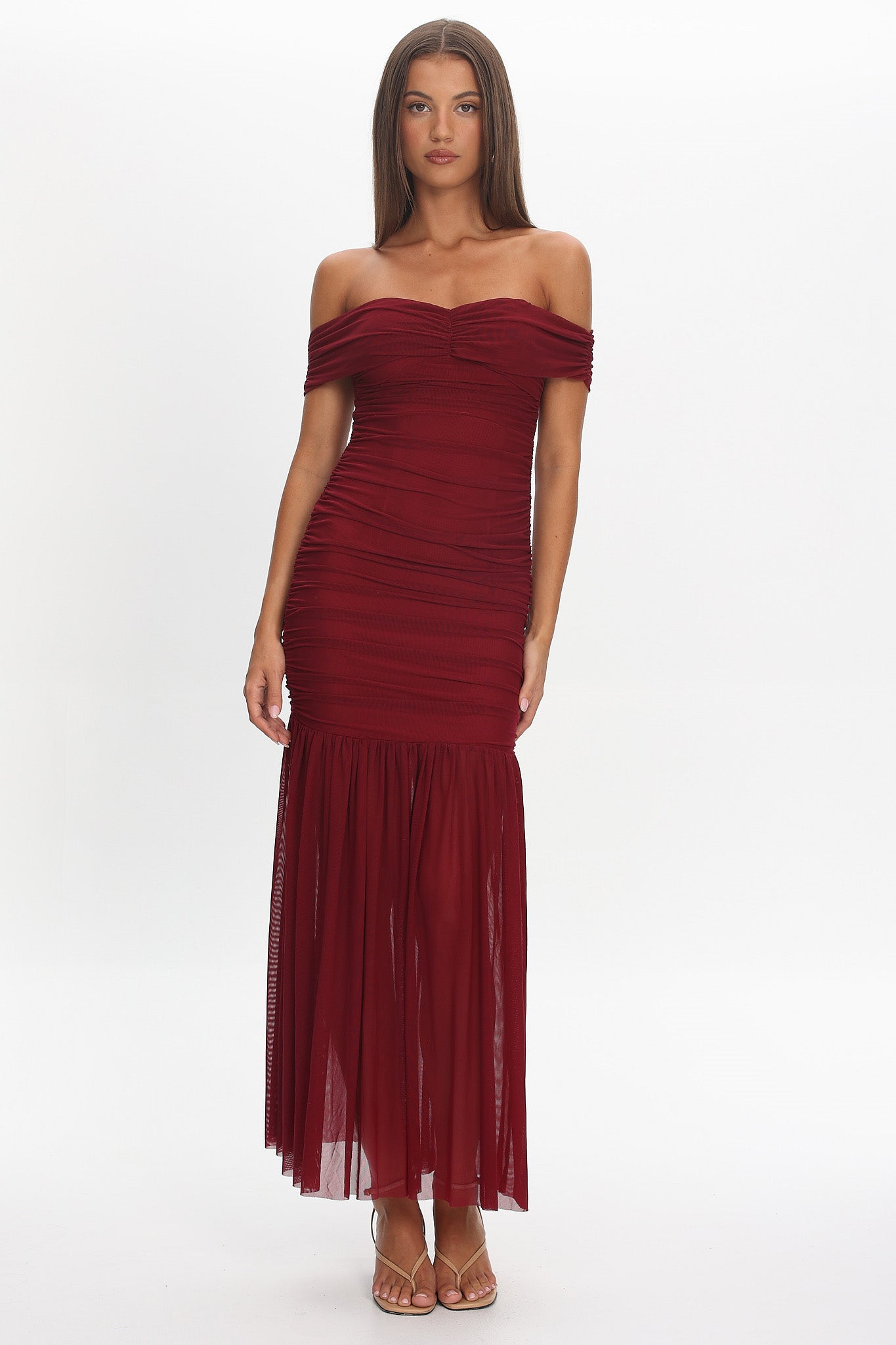 La Salle Off Shoulder Mesh Maxi Dress Wine-Maymioy