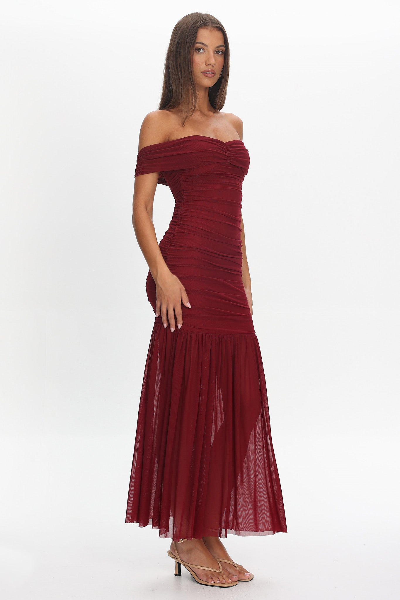 La Salle Off Shoulder Mesh Maxi Dress Wine-Maymioy
