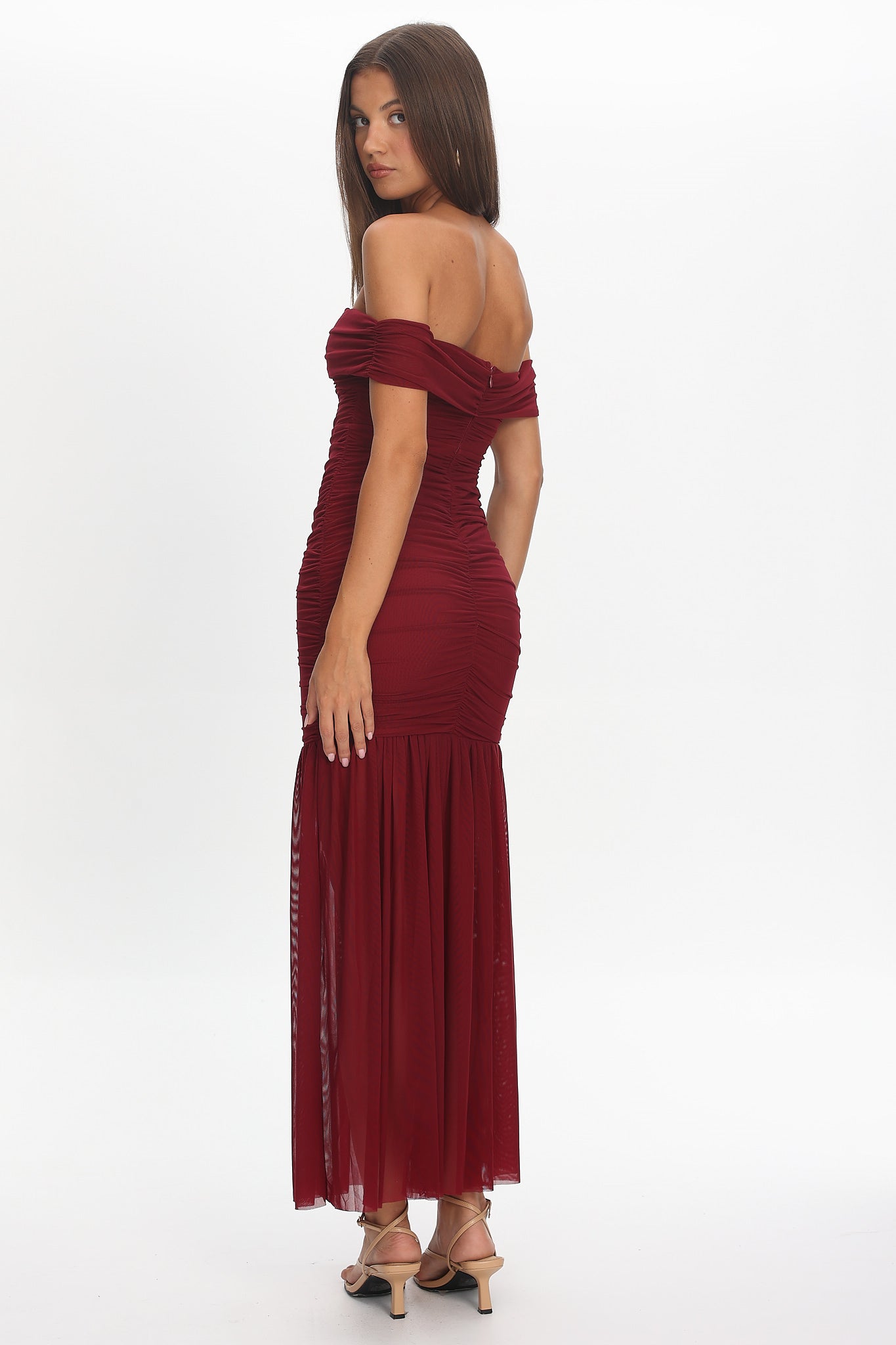 La Salle Off Shoulder Mesh Maxi Dress Wine-Maymioy