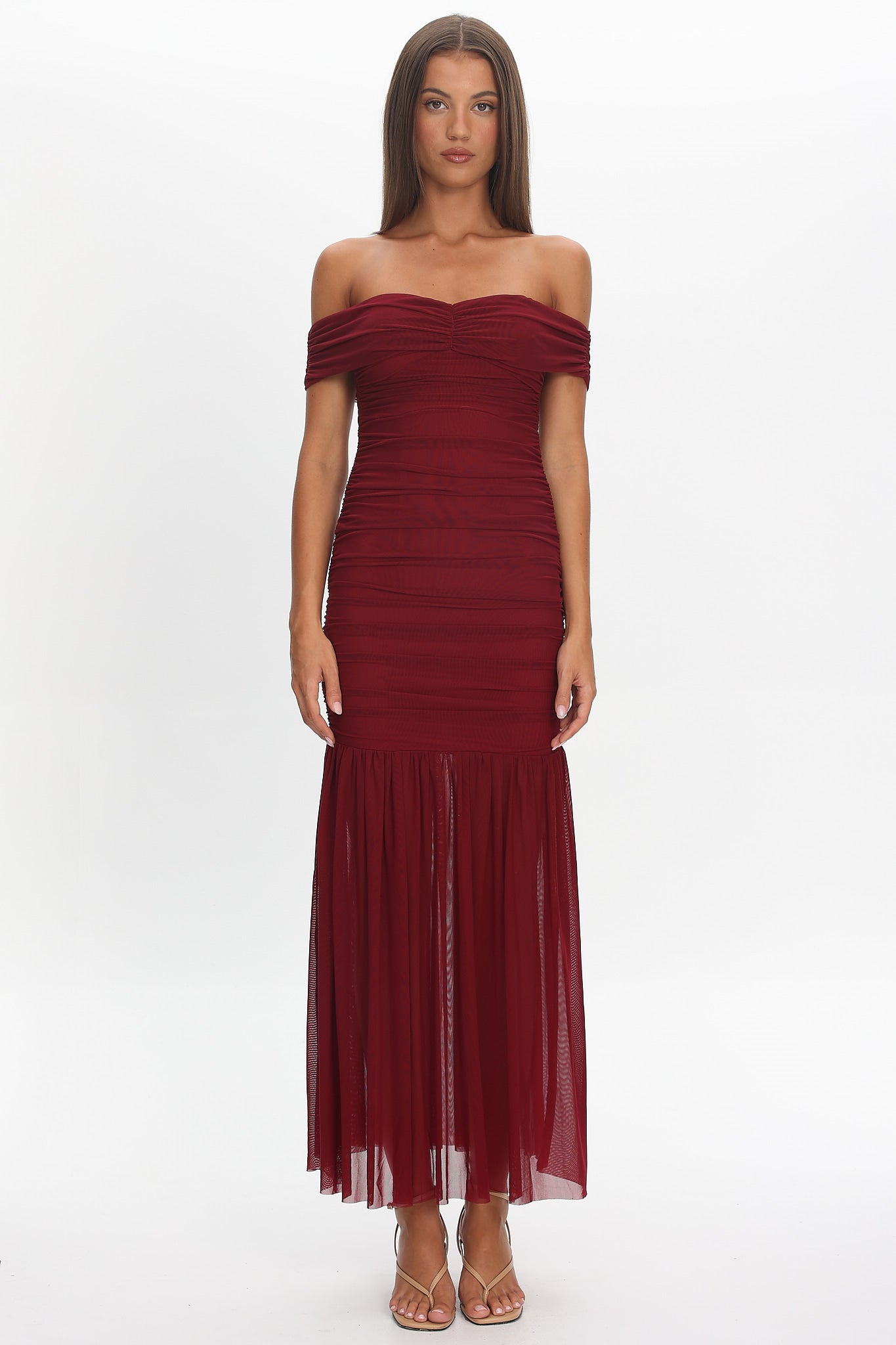 La Salle Off Shoulder Mesh Maxi Dress Wine-Maymioy