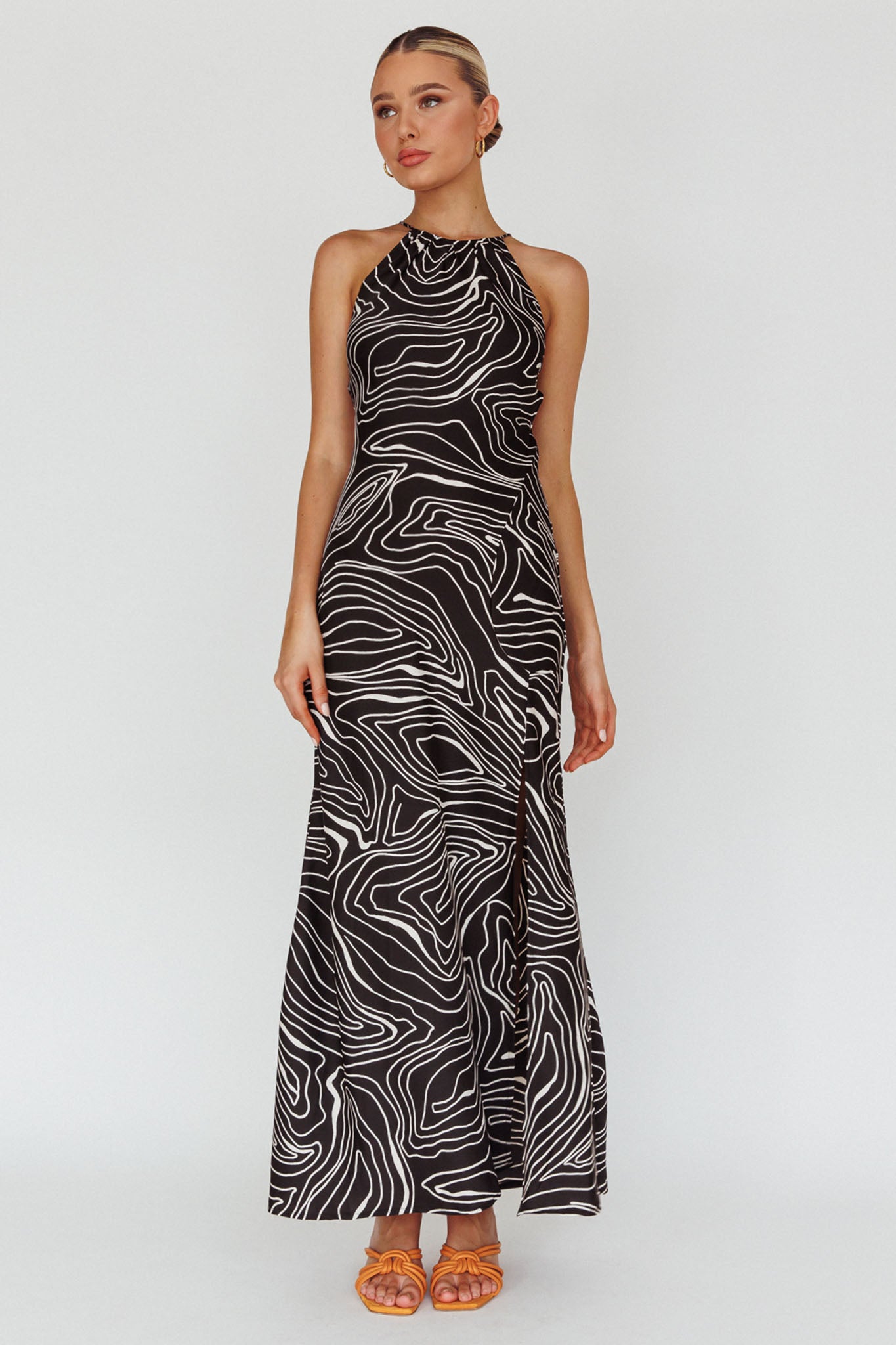 Onella Halterneck Laced Back Maxi Dress Ripple Black-Maymioy