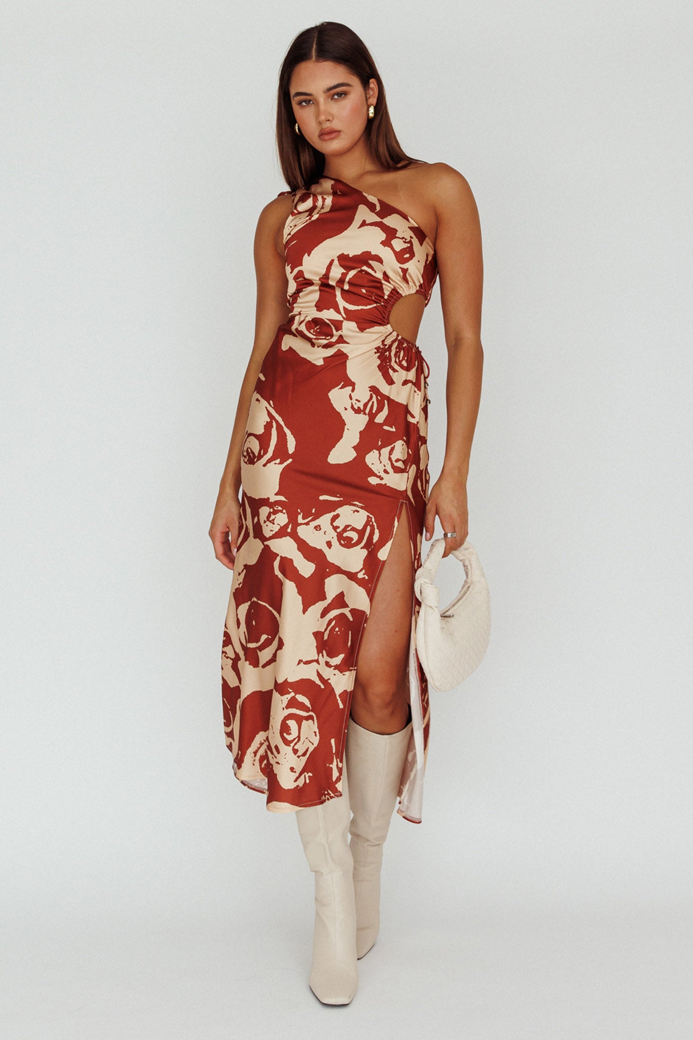 Charisma One-Shoulder Cut-Out Midi Dress Floral Coffee-Maymioy