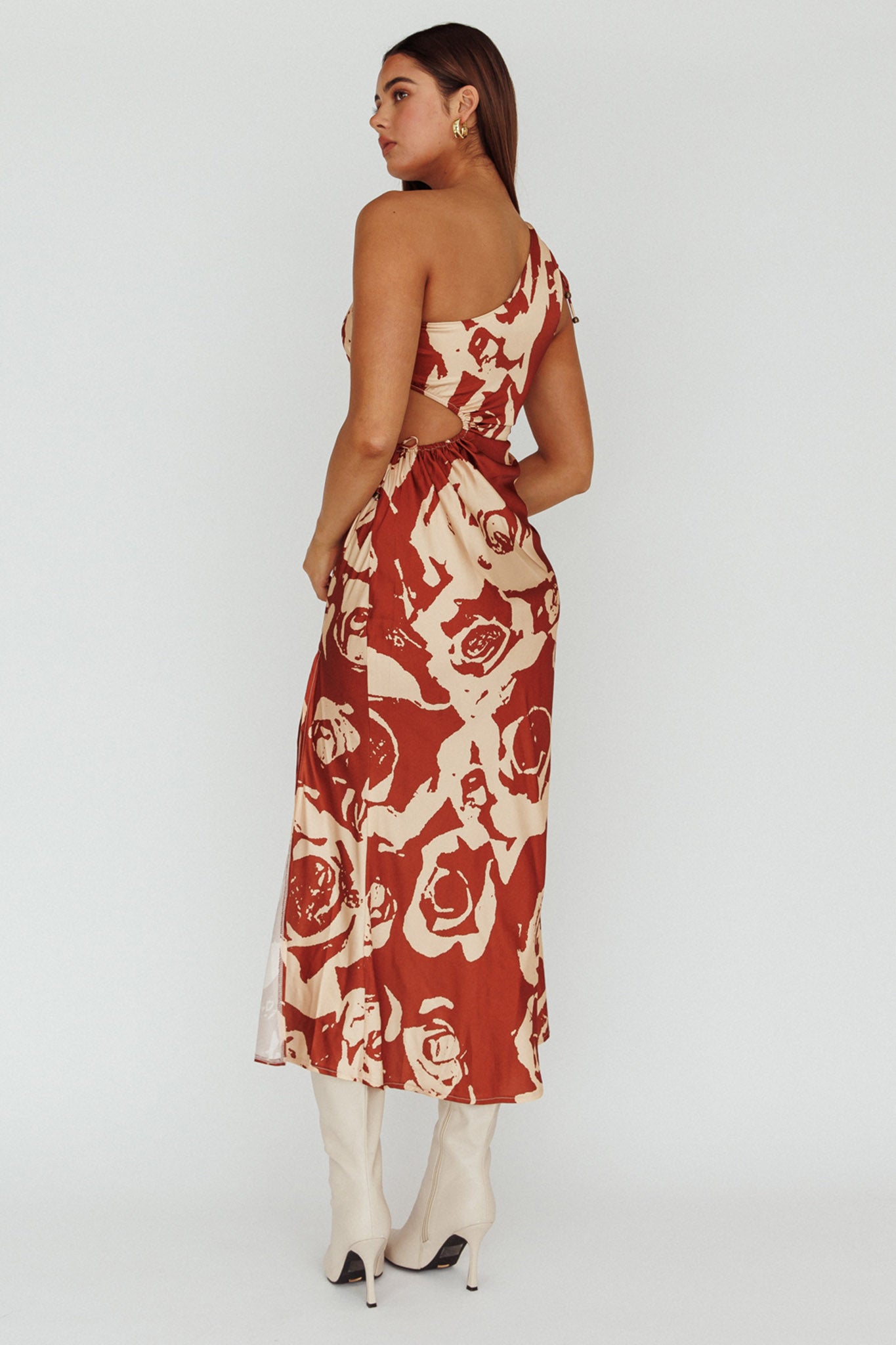 Charisma One-Shoulder Cut-Out Midi Dress Floral Coffee-Maymioy