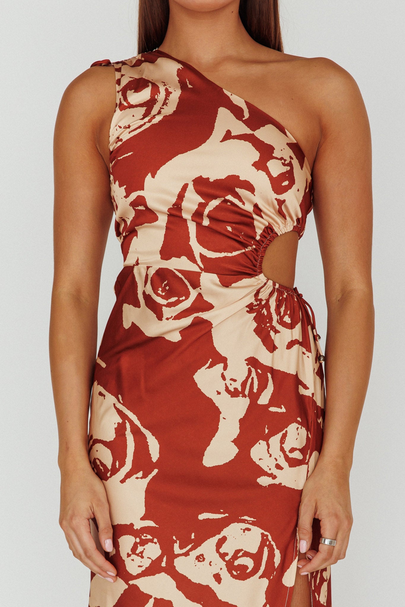 Charisma One-Shoulder Cut-Out Midi Dress Floral Coffee-Maymioy