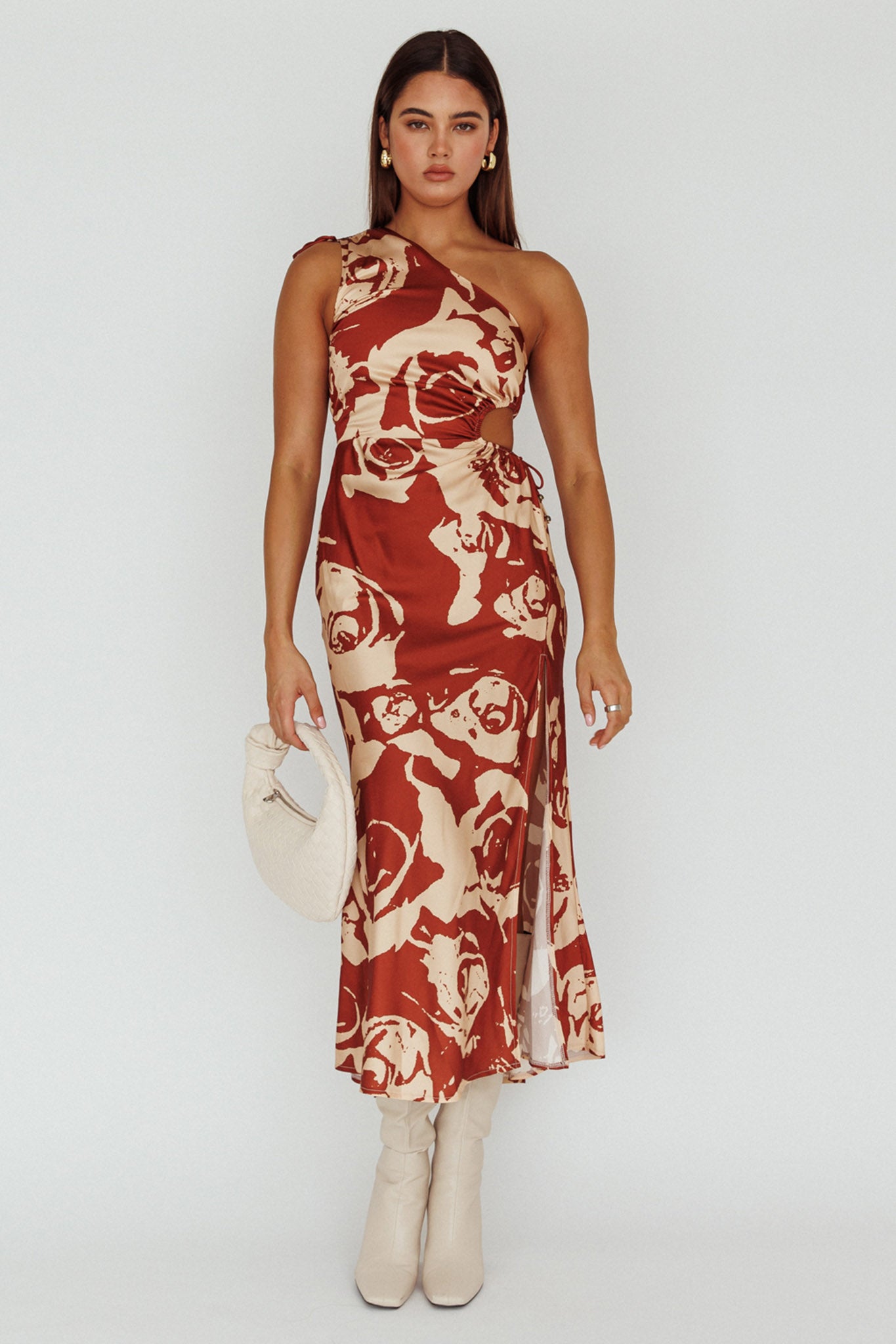 Charisma One-Shoulder Cut-Out Midi Dress Floral Coffee-Maymioy