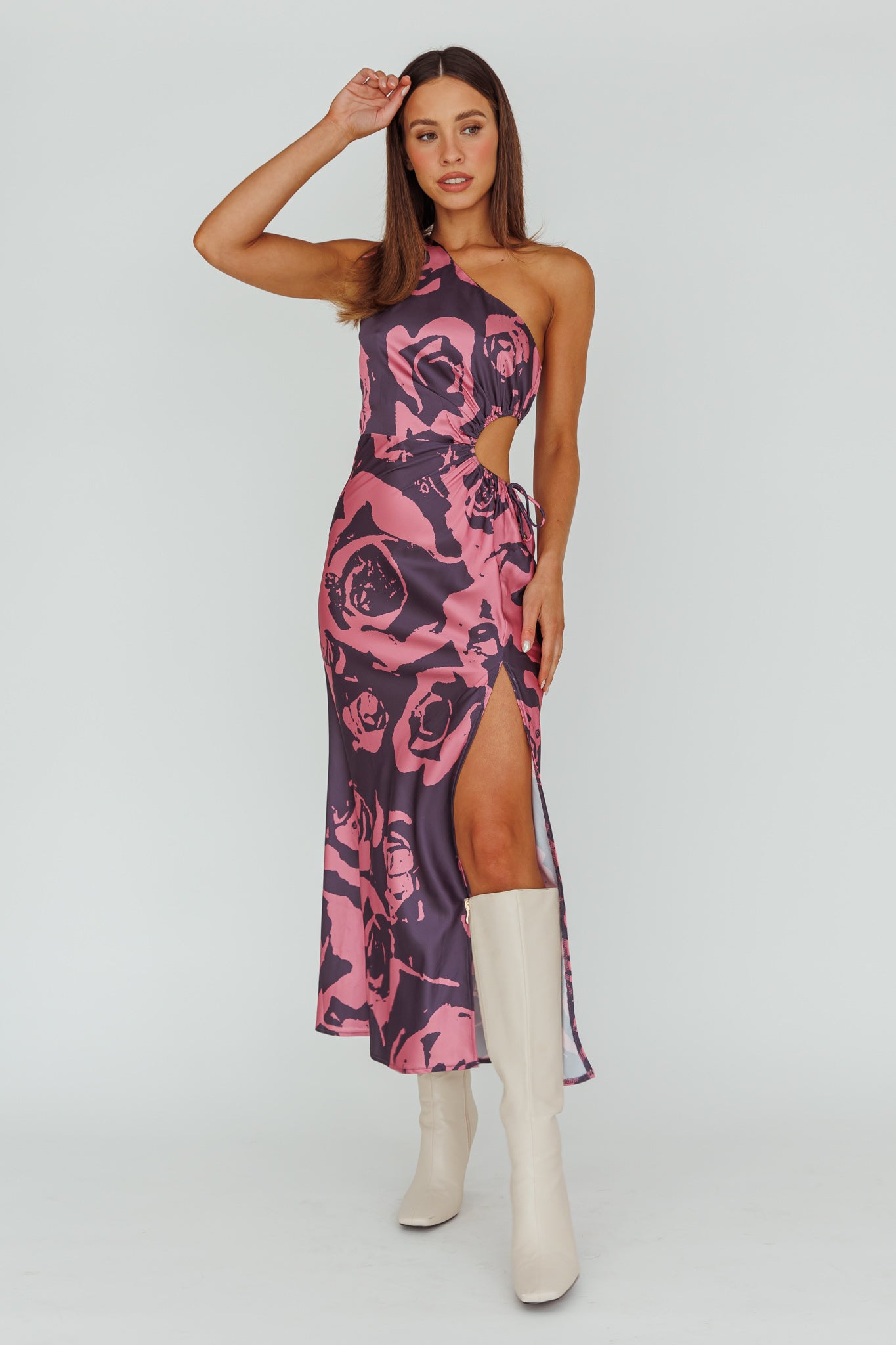 Charisma One-Shoulder Cut-Out Maxi Dress Floral Purple-Maymioy