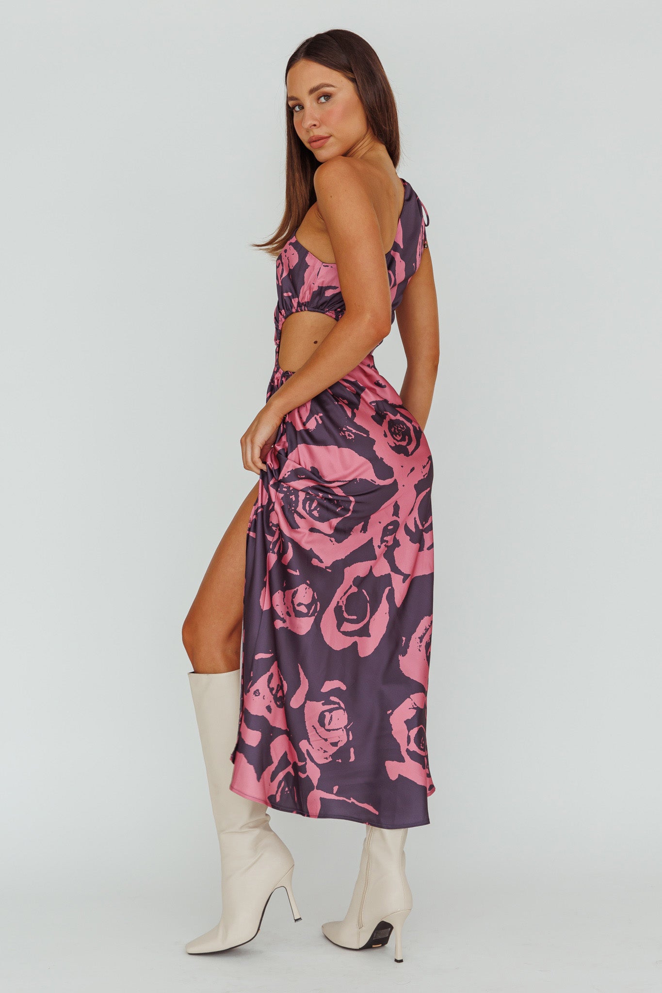 Charisma One-Shoulder Cut-Out Maxi Dress Floral Purple-Maymioy