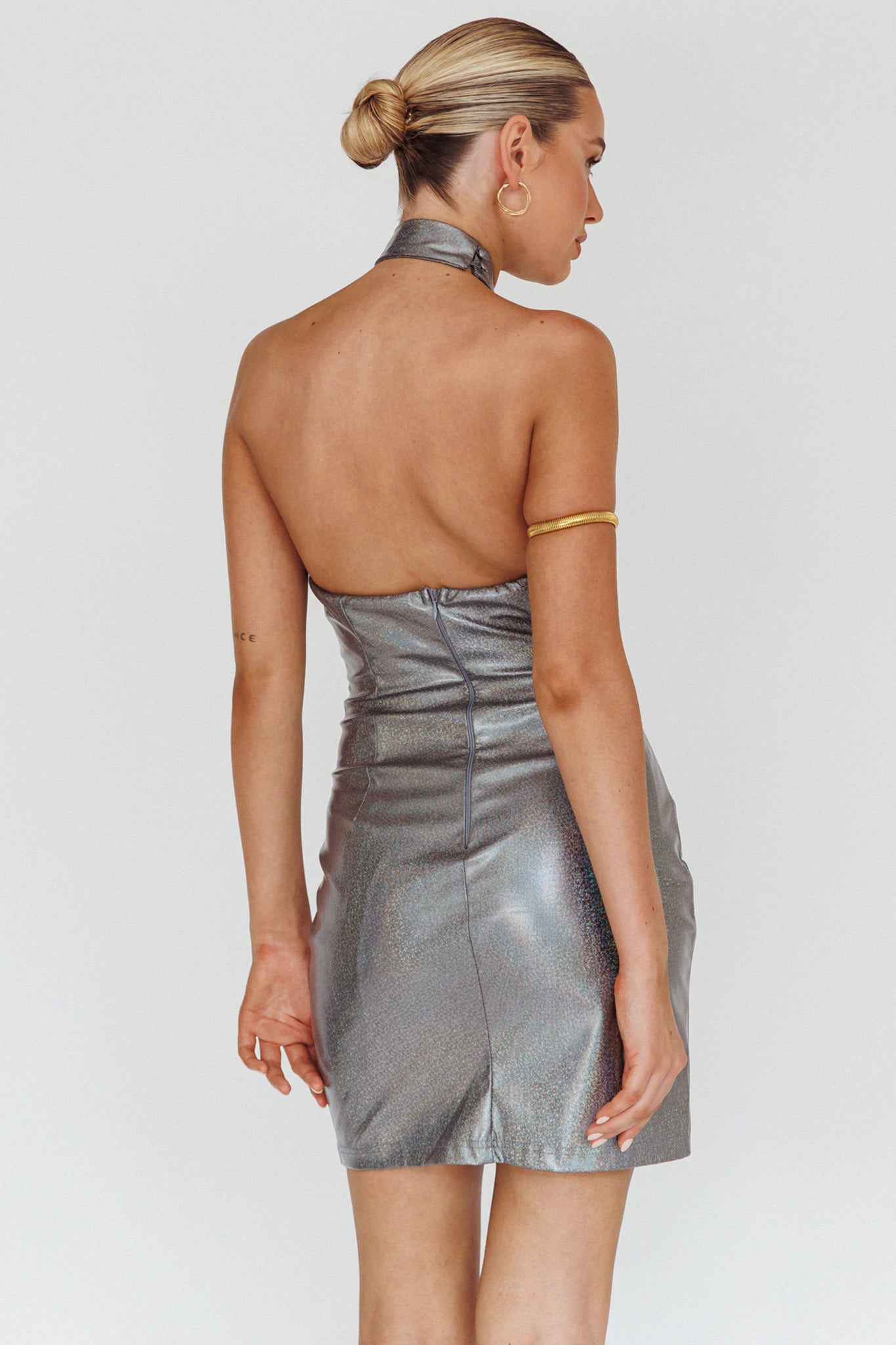 For The Gram Faux Leather Halter Dress Charcoal-Maymioy