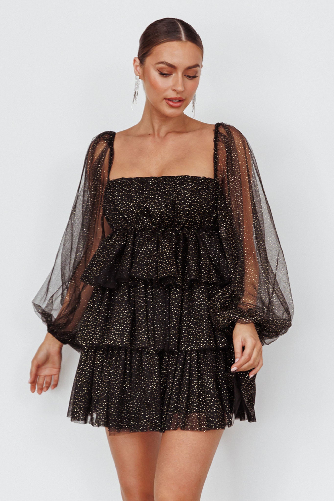 Spring Morning Long Sleeve Tiered Mini Dress Black/Gold-Maymioy
