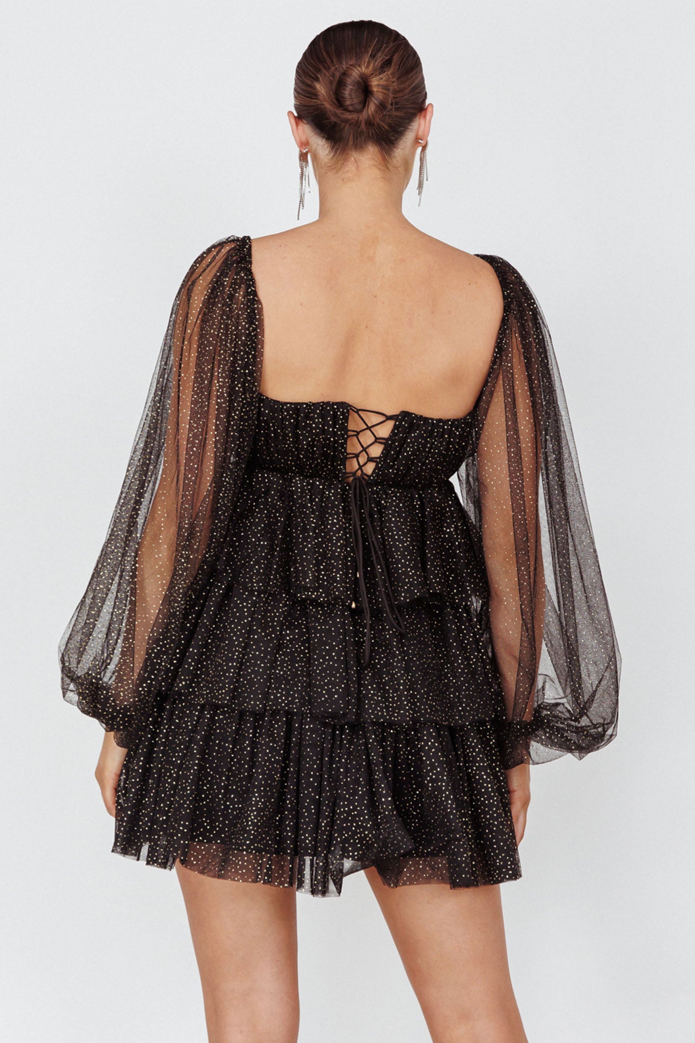 Spring Morning Long Sleeve Tiered Mini Dress Black/Gold-Maymioy