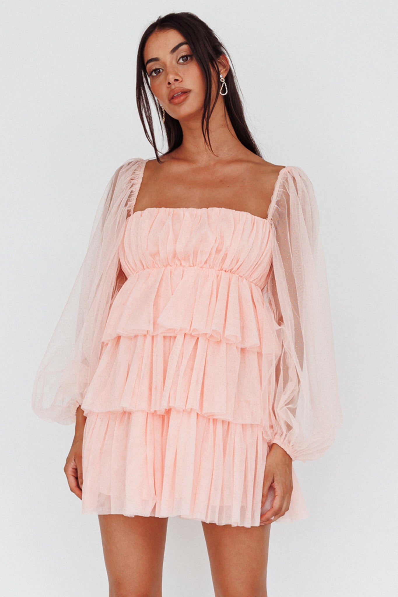 Spring Morning Long Sleeve Tiered Mini Dress Pink-Maymioy