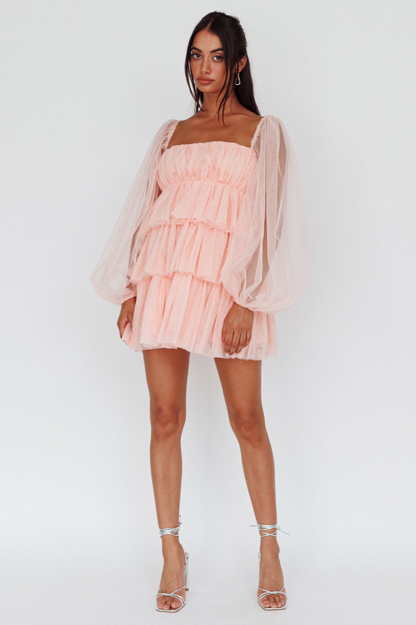 Spring Morning Long Sleeve Tiered Mini Dress Pink-Maymioy