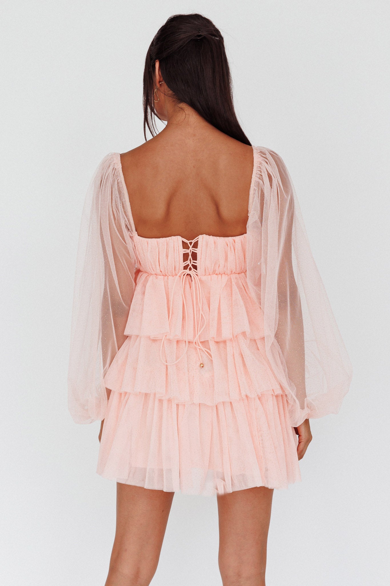 Spring Morning Long Sleeve Tiered Mini Dress Pink-Maymioy