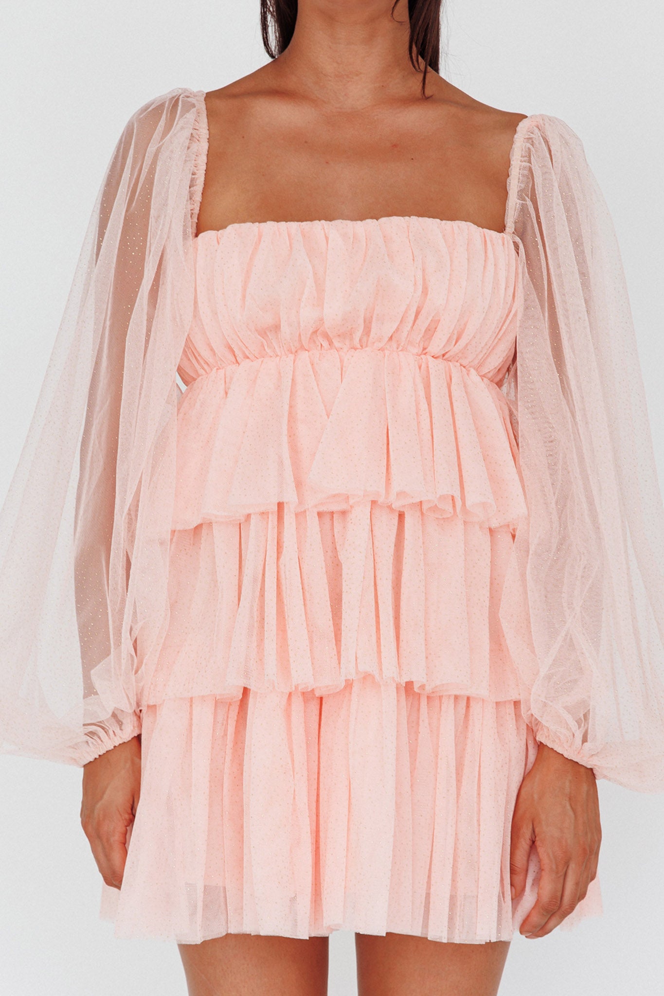 Spring Morning Long Sleeve Tiered Mini Dress Pink-Maymioy