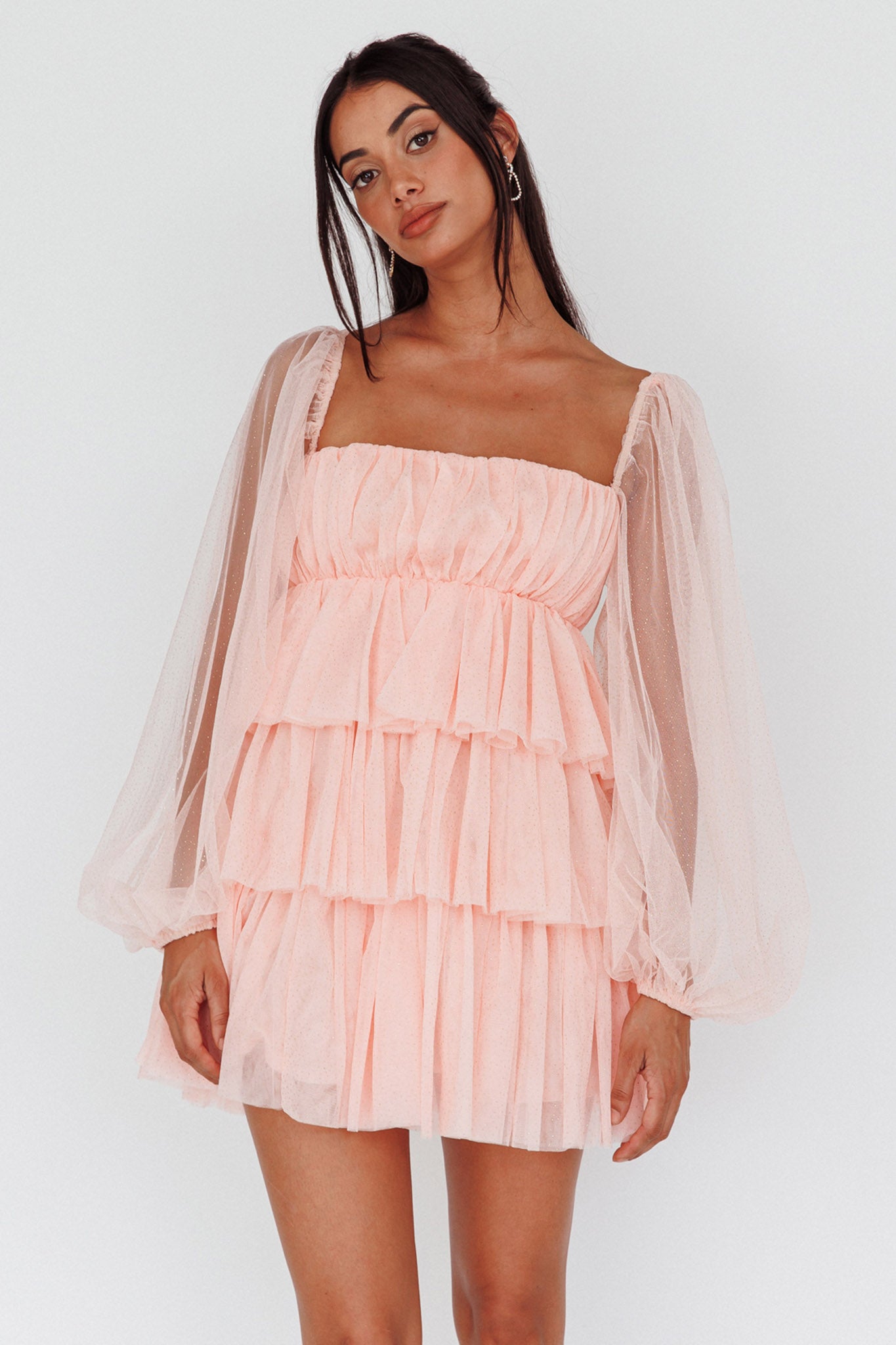 Spring Morning Long Sleeve Tiered Mini Dress Pink-Maymioy