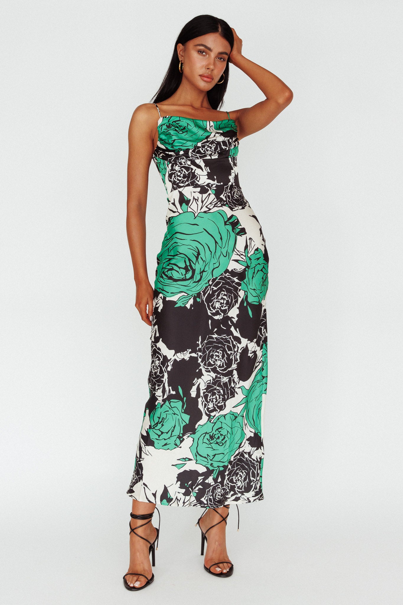 Highland Pleated Bust Midi Dress Floral Green-Maymioy