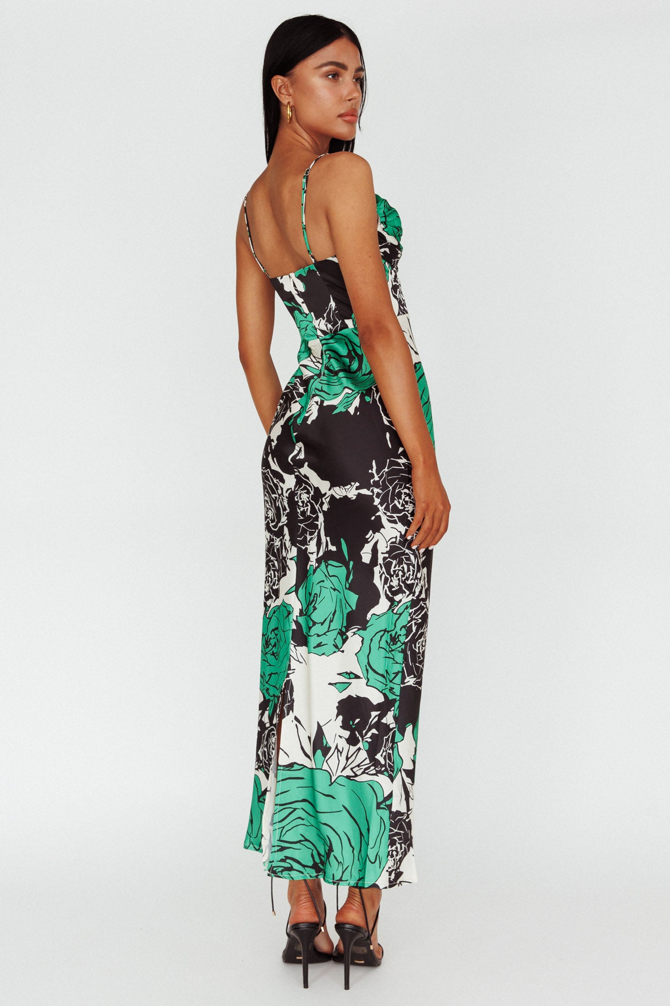 Highland Pleated Bust Midi Dress Floral Green-Maymioy