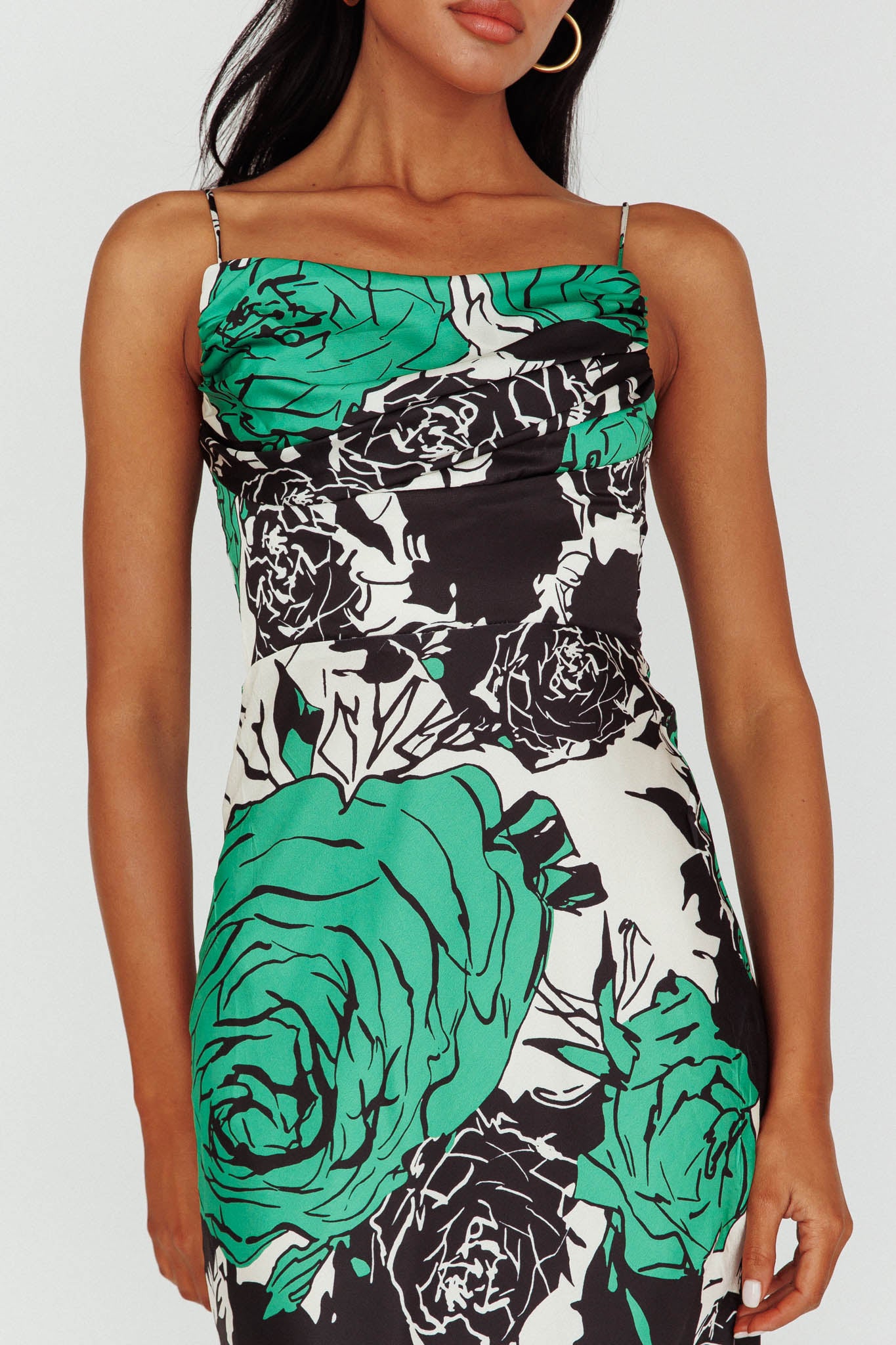 Highland Pleated Bust Midi Dress Floral Green-Maymioy