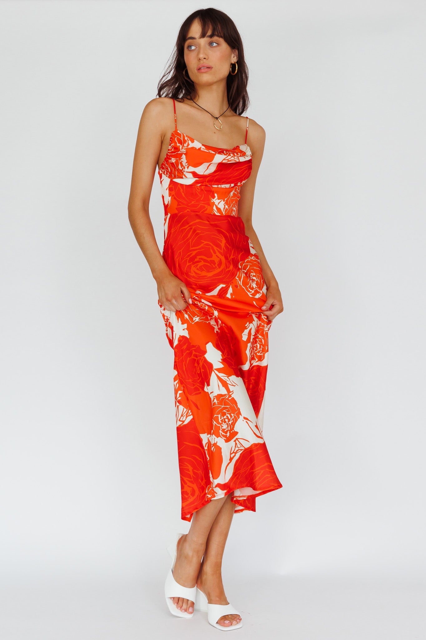 Highland Pleated Bust Midi Dress Floral Orange-Maymioy