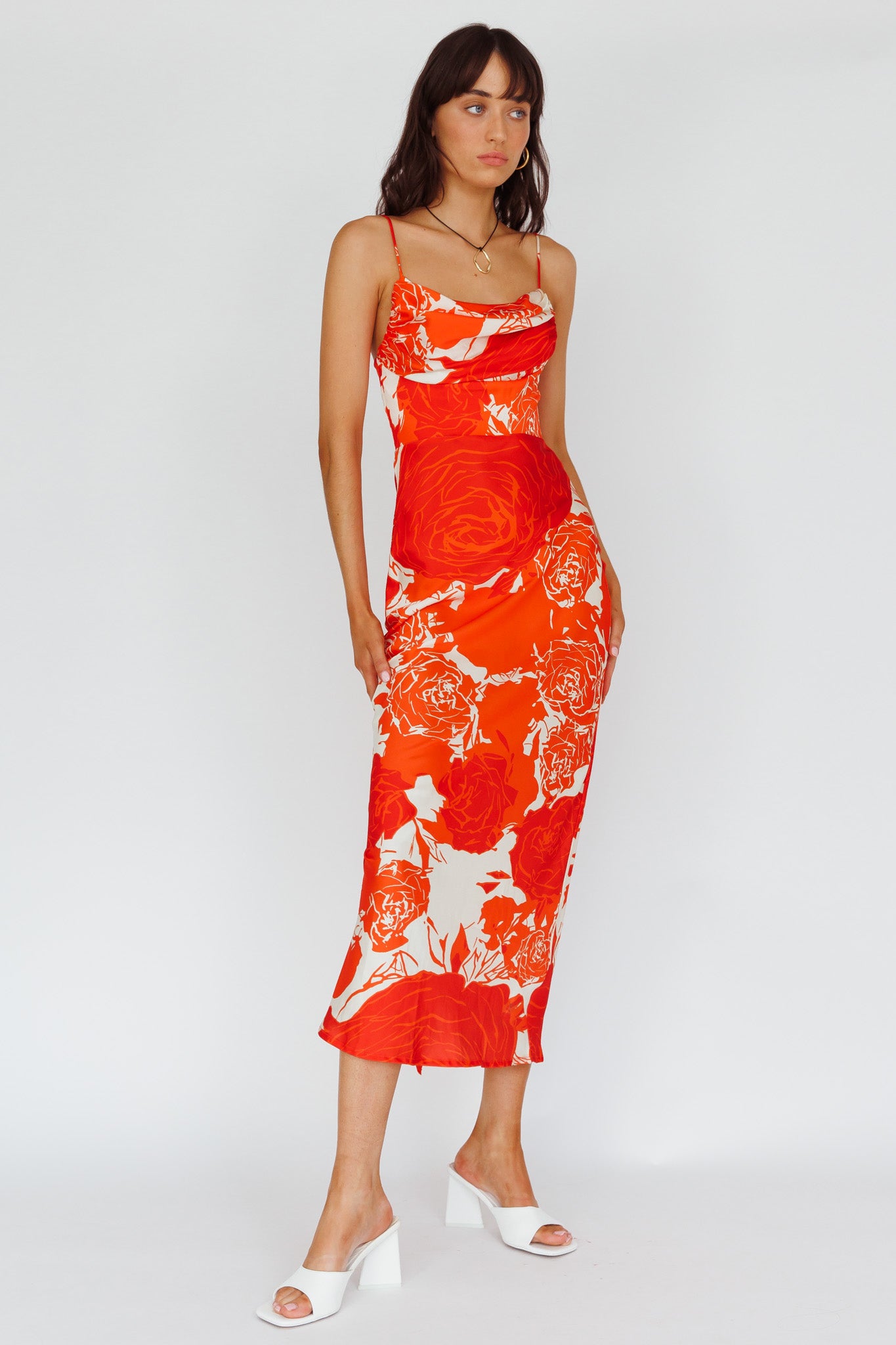 Highland Pleated Bust Midi Dress Floral Orange-Maymioy