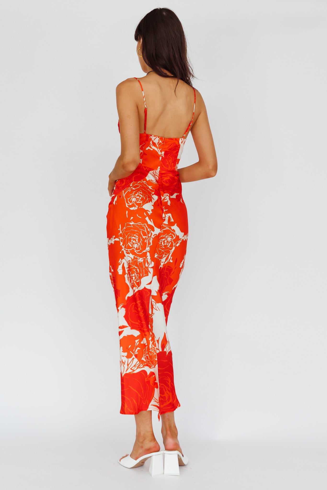 Highland Pleated Bust Midi Dress Floral Orange-Maymioy