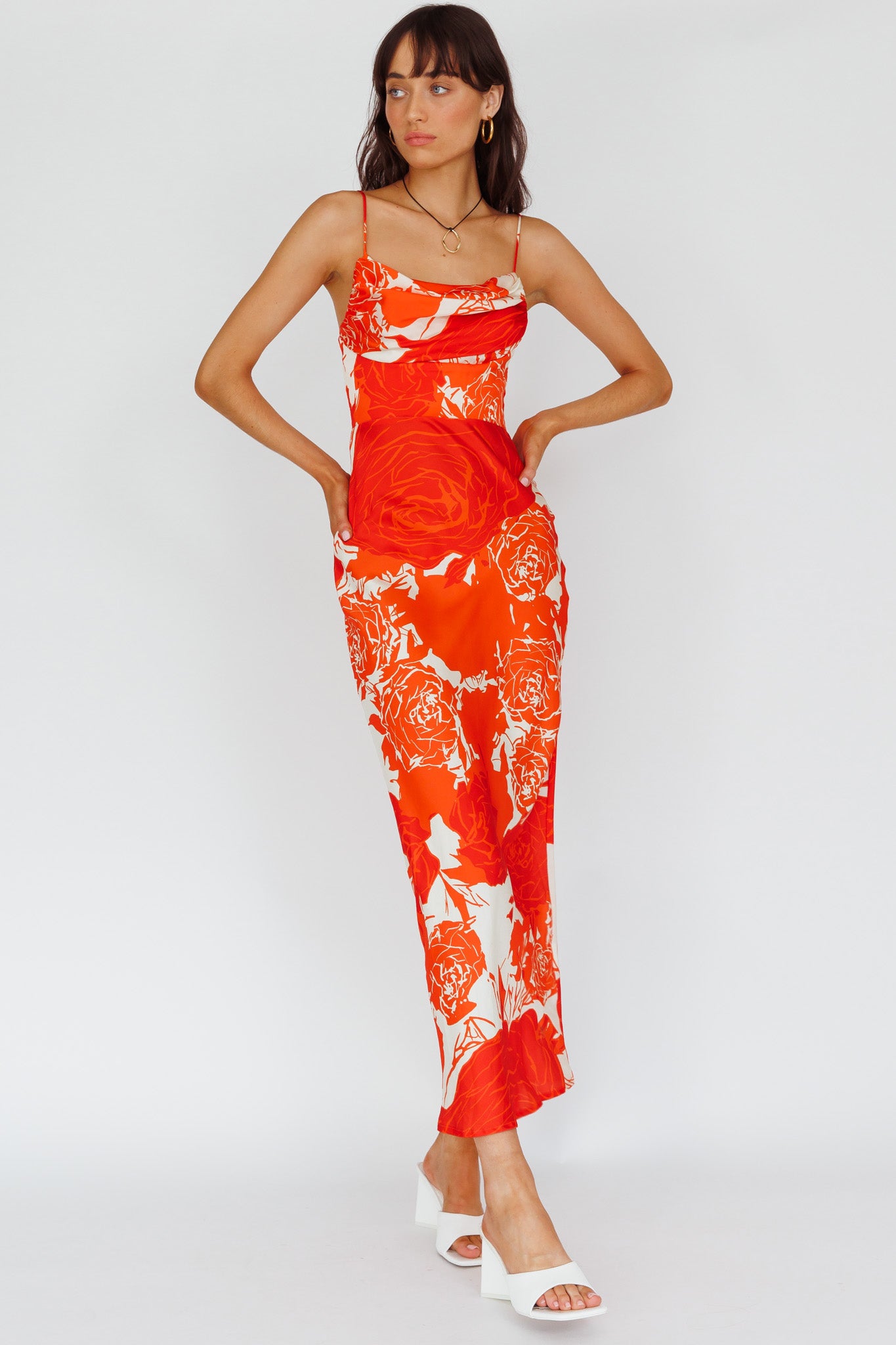 Highland Pleated Bust Midi Dress Floral Orange-Maymioy