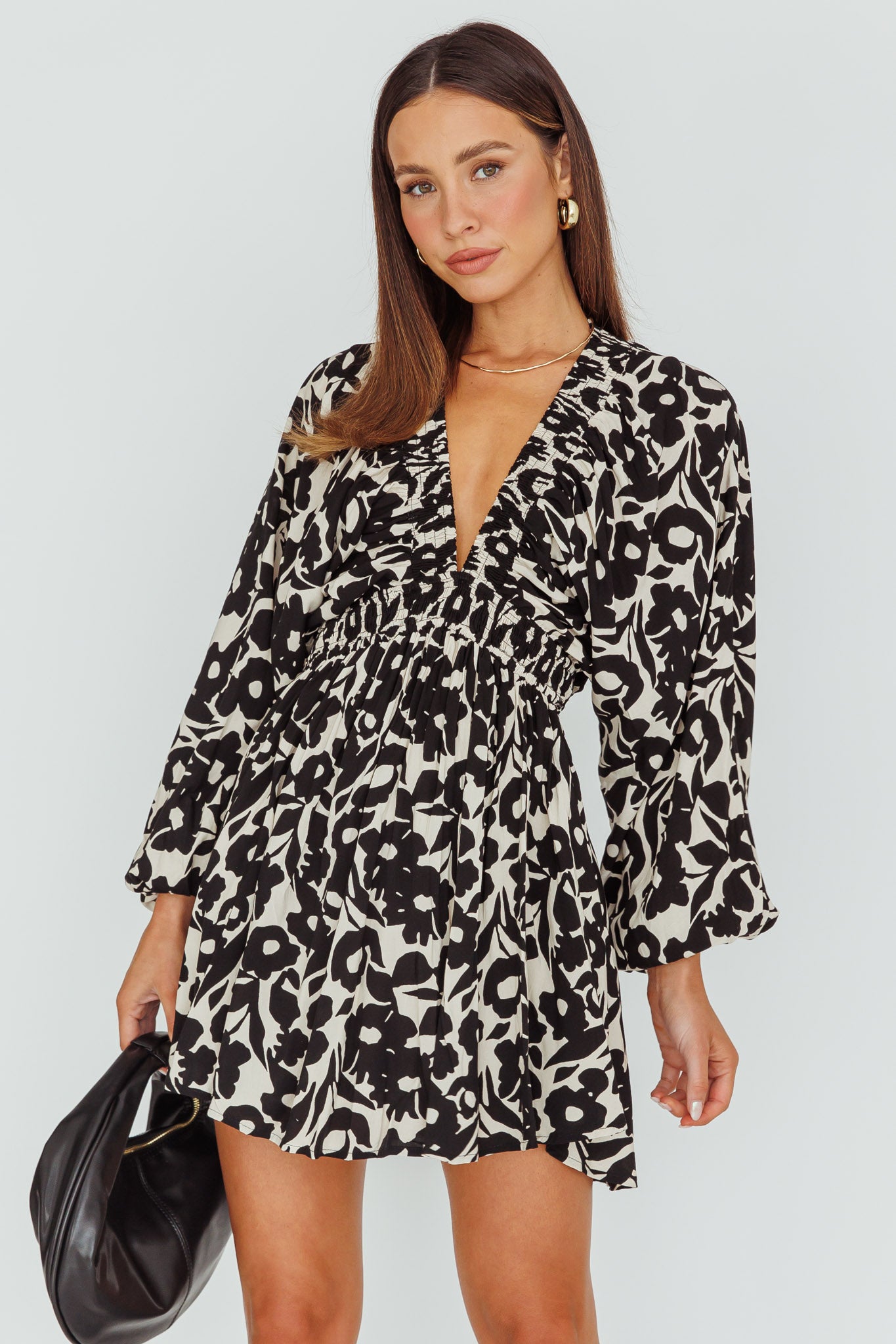 Going Your Way Long Sleeve Mini Dress Floral Black-Maymioy