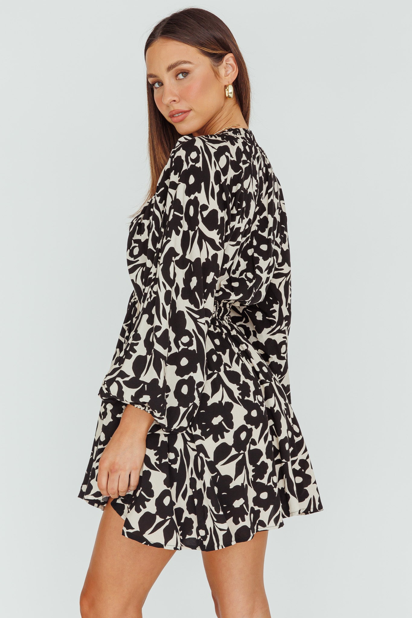 Going Your Way Long Sleeve Mini Dress Floral Black-Maymioy
