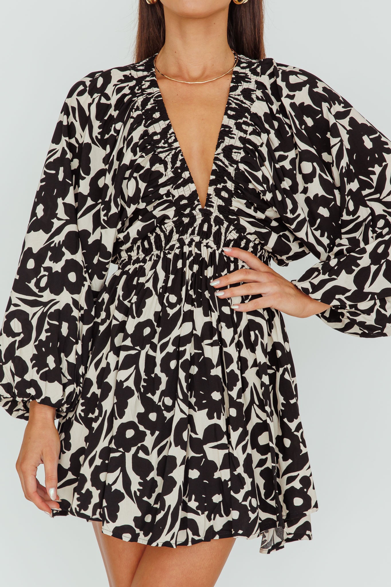 Going Your Way Long Sleeve Mini Dress Floral Black-Maymioy