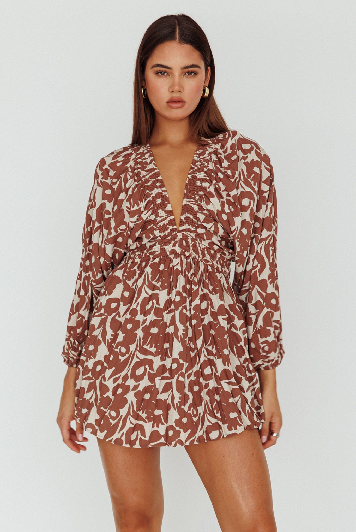 Going Your Way Long Sleeve Mini Dress Floral Brown-Maymioy