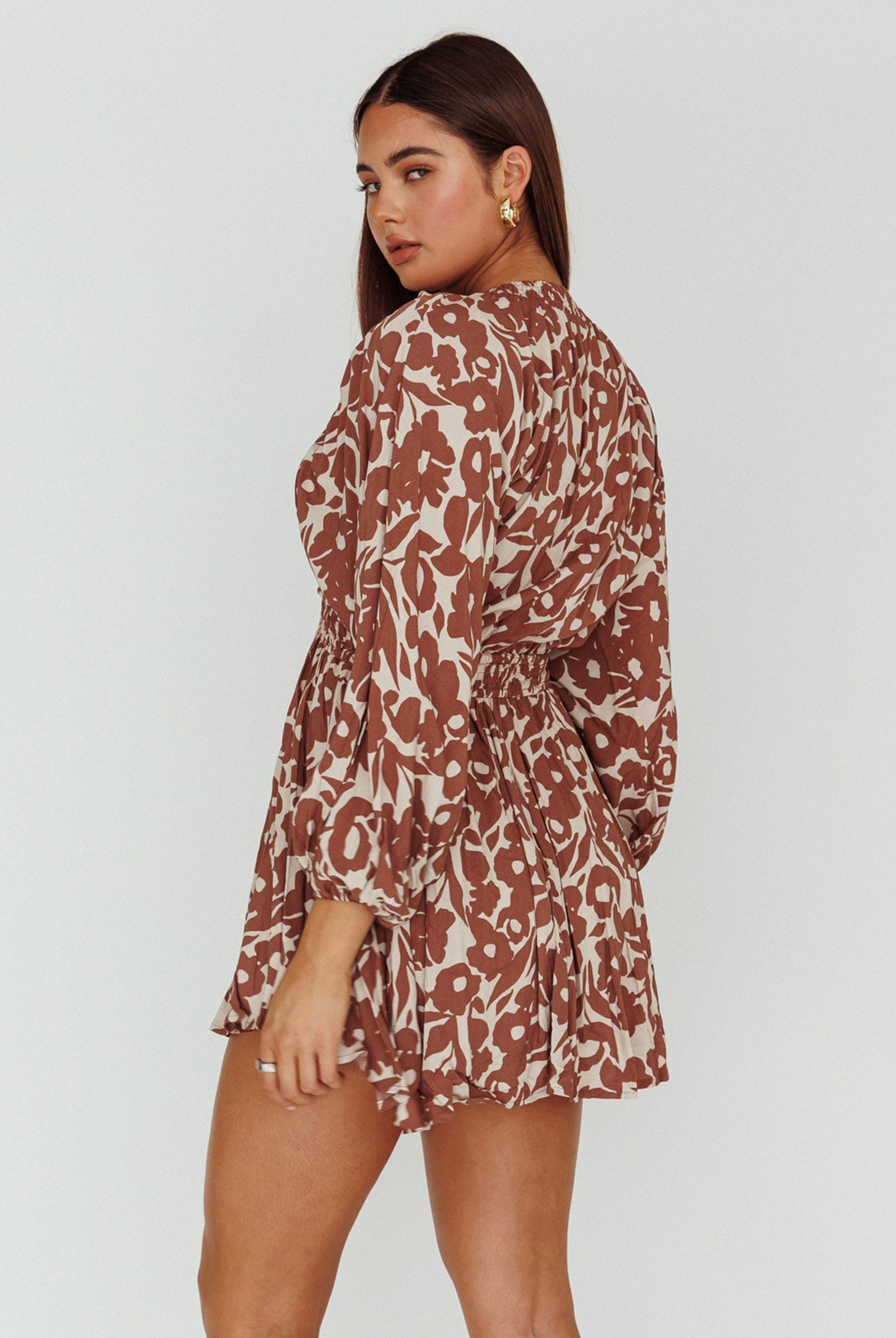 Going Your Way Long Sleeve Mini Dress Floral Brown-Maymioy