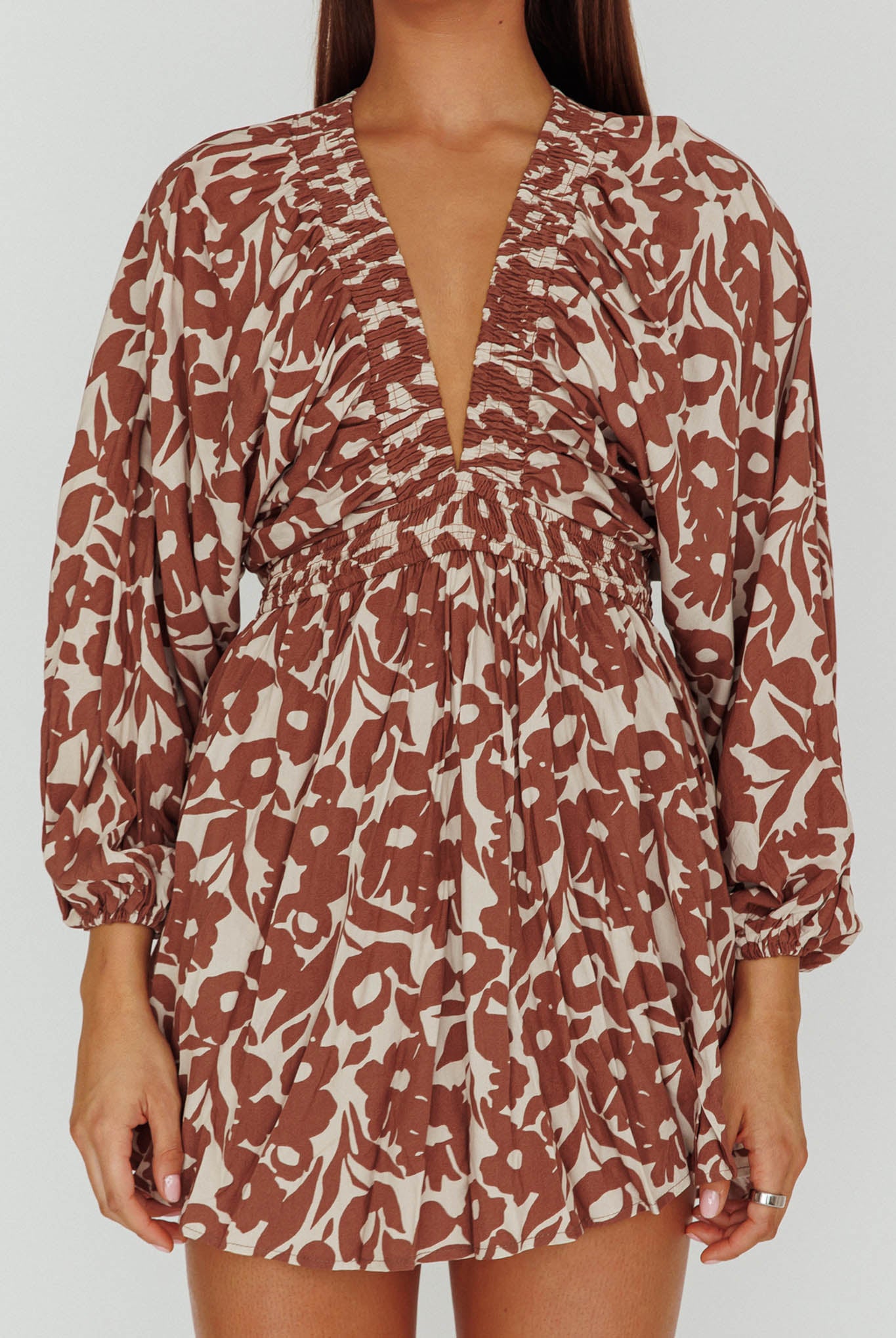 Going Your Way Long Sleeve Mini Dress Floral Brown-Maymioy