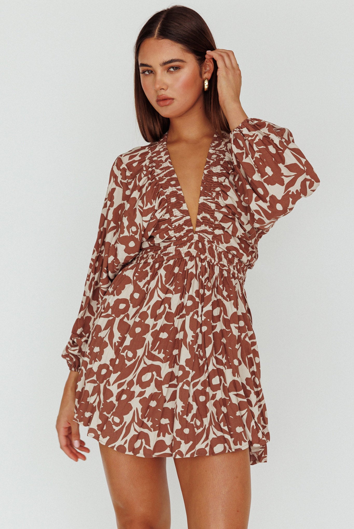 Going Your Way Long Sleeve Mini Dress Floral Brown-Maymioy