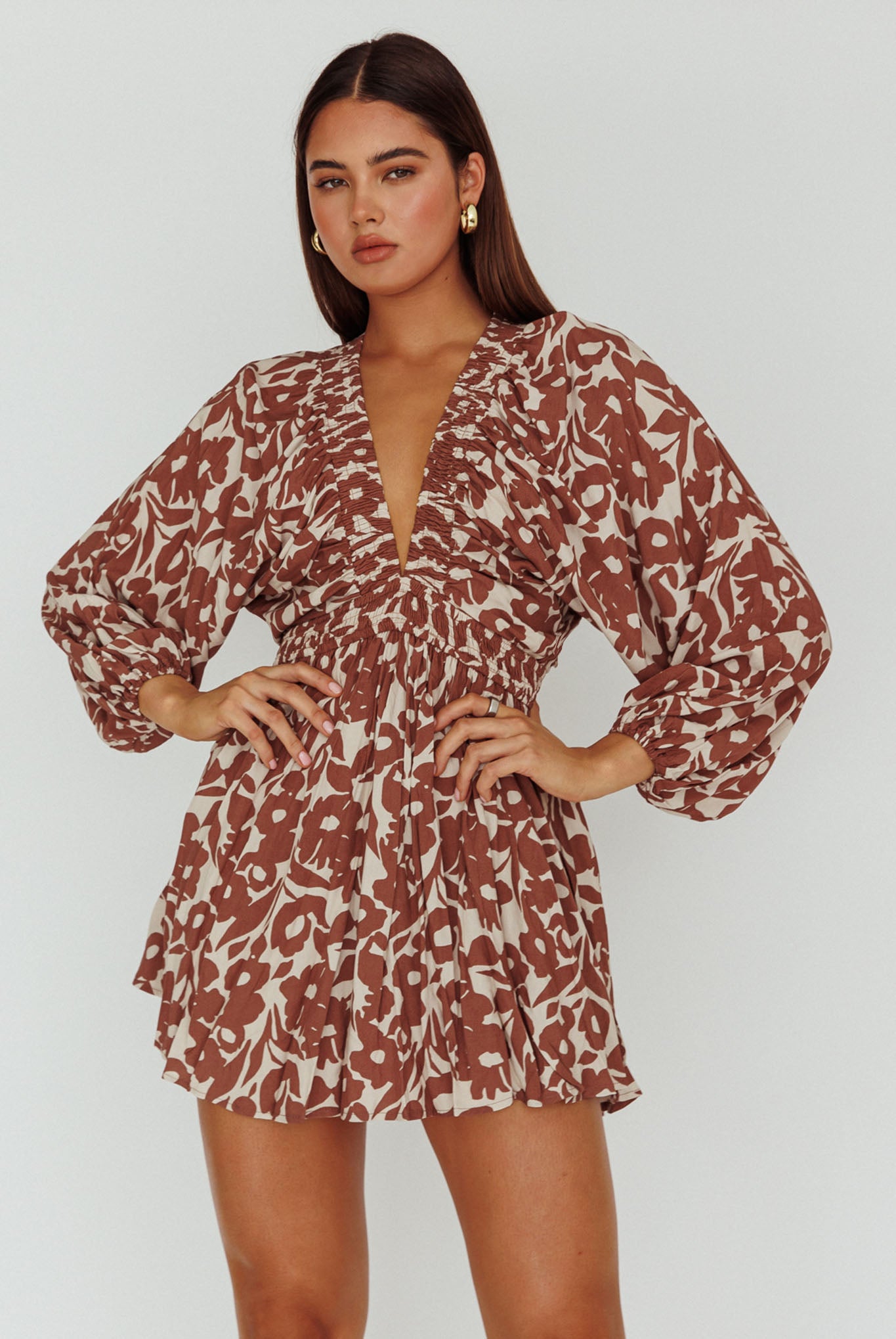 Going Your Way Long Sleeve Mini Dress Floral Brown-Maymioy