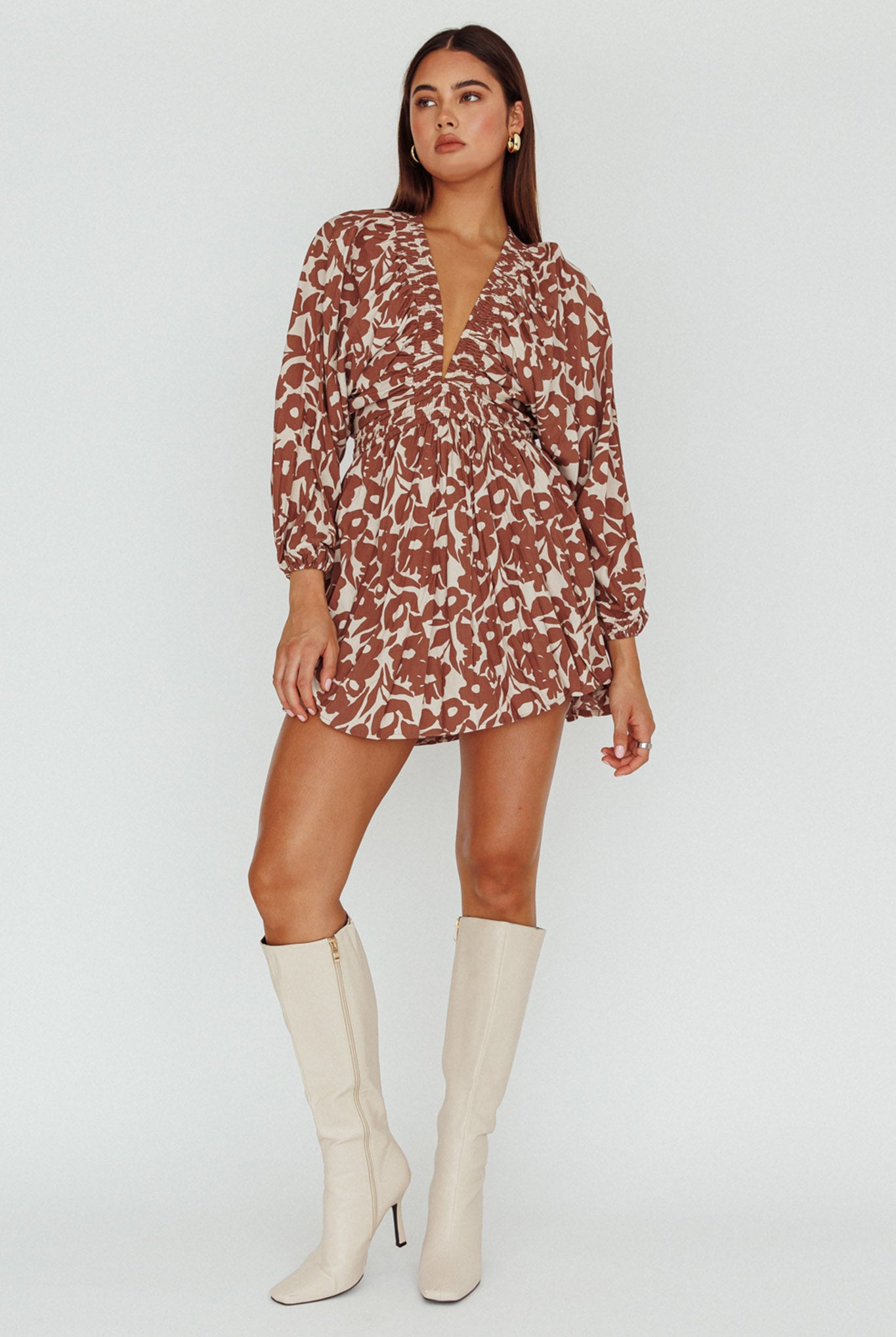 Going Your Way Long Sleeve Mini Dress Floral Brown-Maymioy