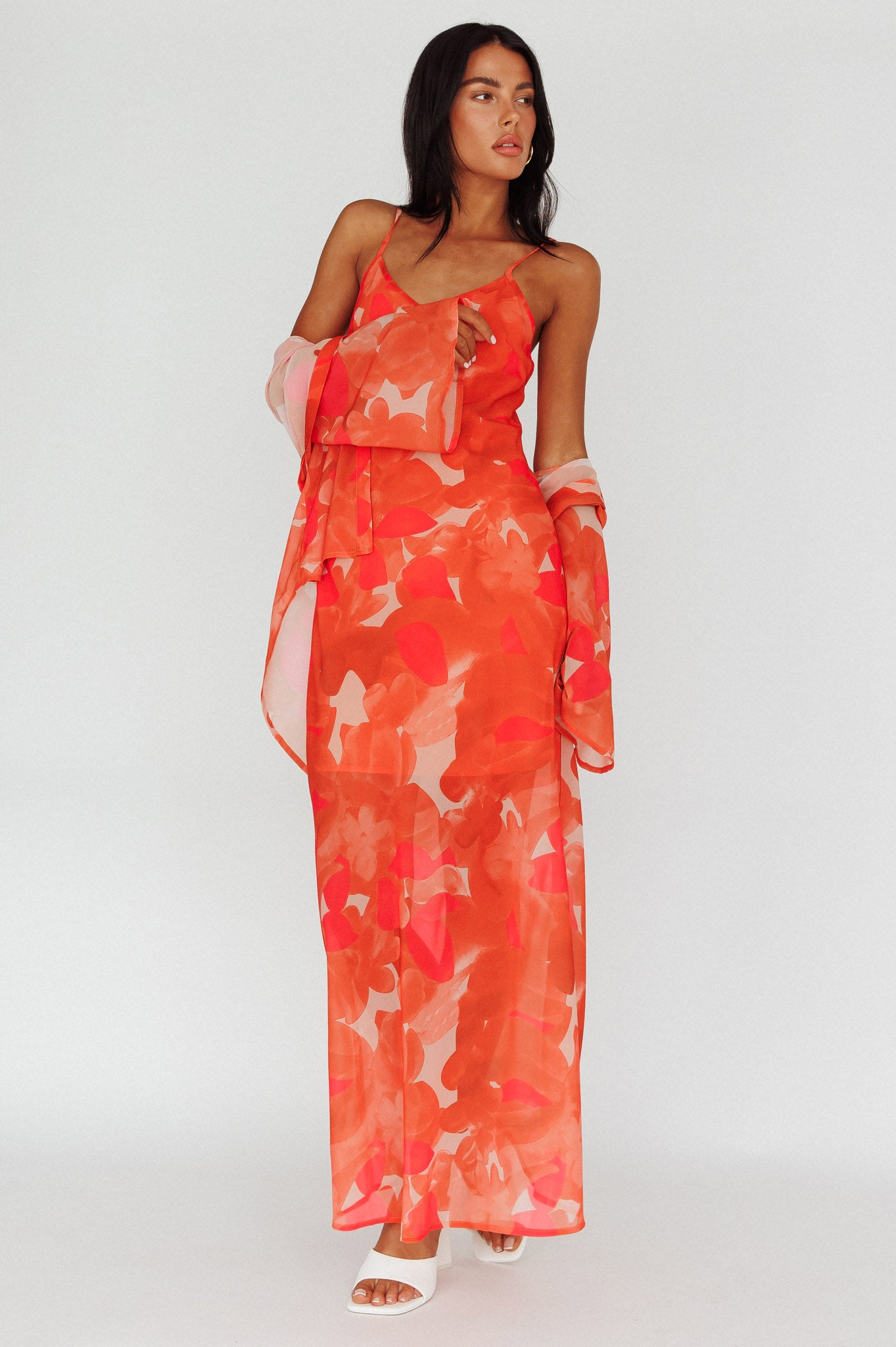 Stasi Cami Strap Midi Dress Floral Orange-Maymioy