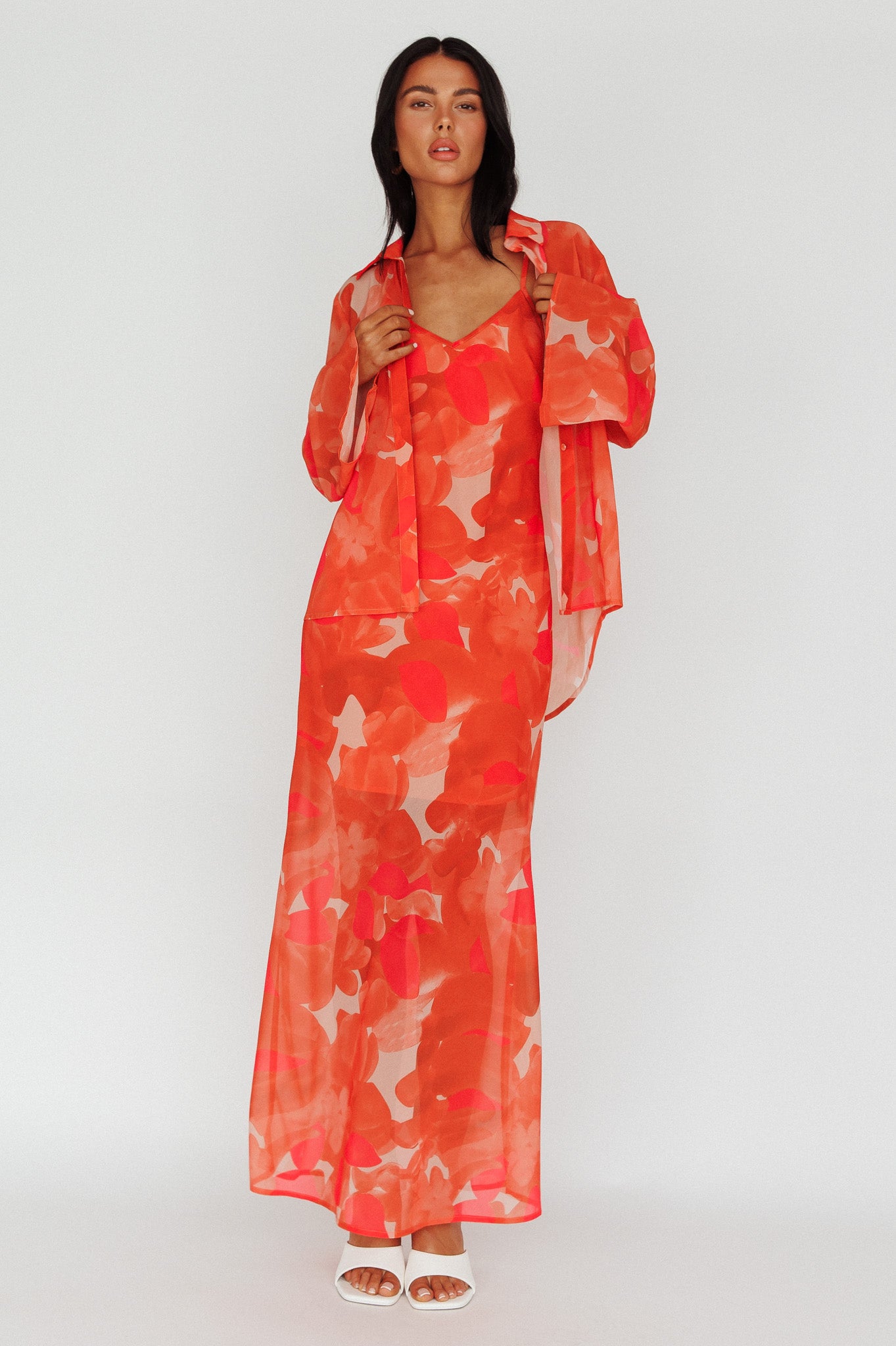 Stasi Cami Strap Midi Dress Floral Orange-Maymioy