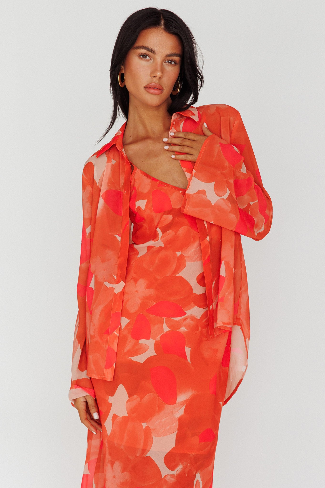 Stasi Cami Strap Midi Dress Floral Orange-Maymioy