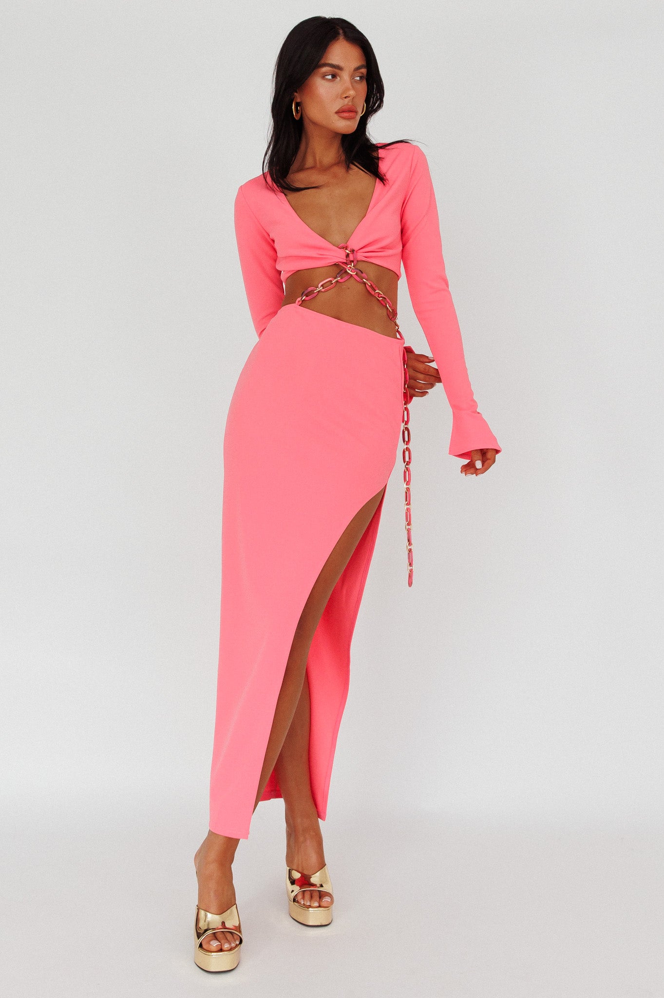 Sigournie Long Sleeve Chain Midi Dress Pink-Maymioy