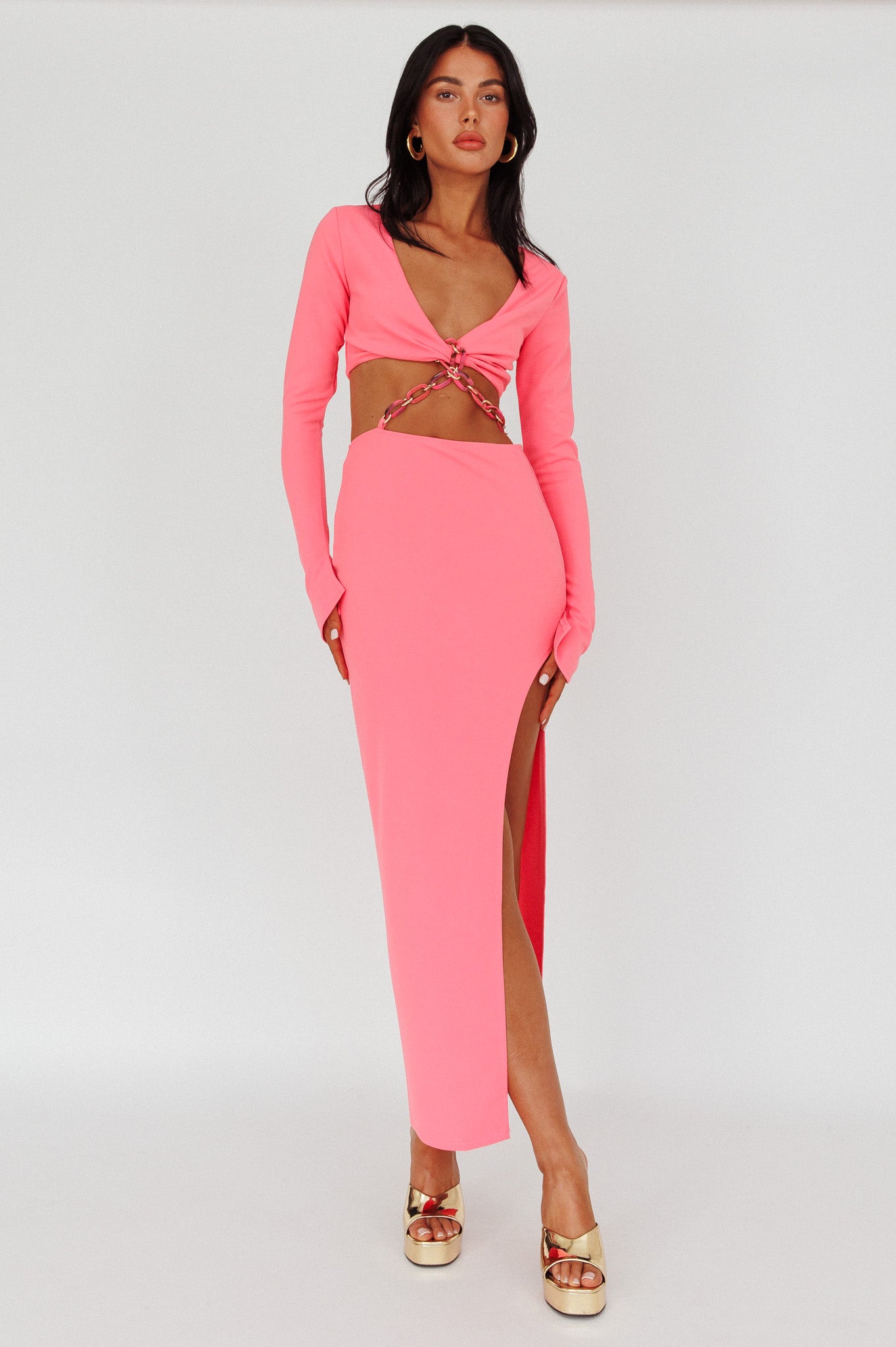 Sigournie Long Sleeve Chain Midi Dress Pink-Maymioy