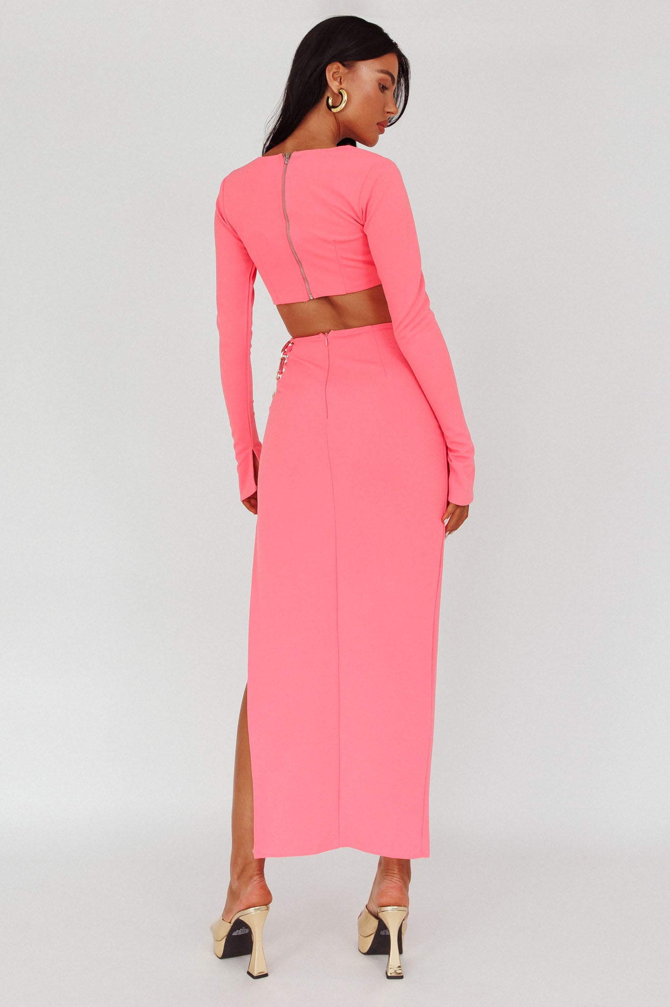 Sigournie Long Sleeve Chain Midi Dress Pink-Maymioy